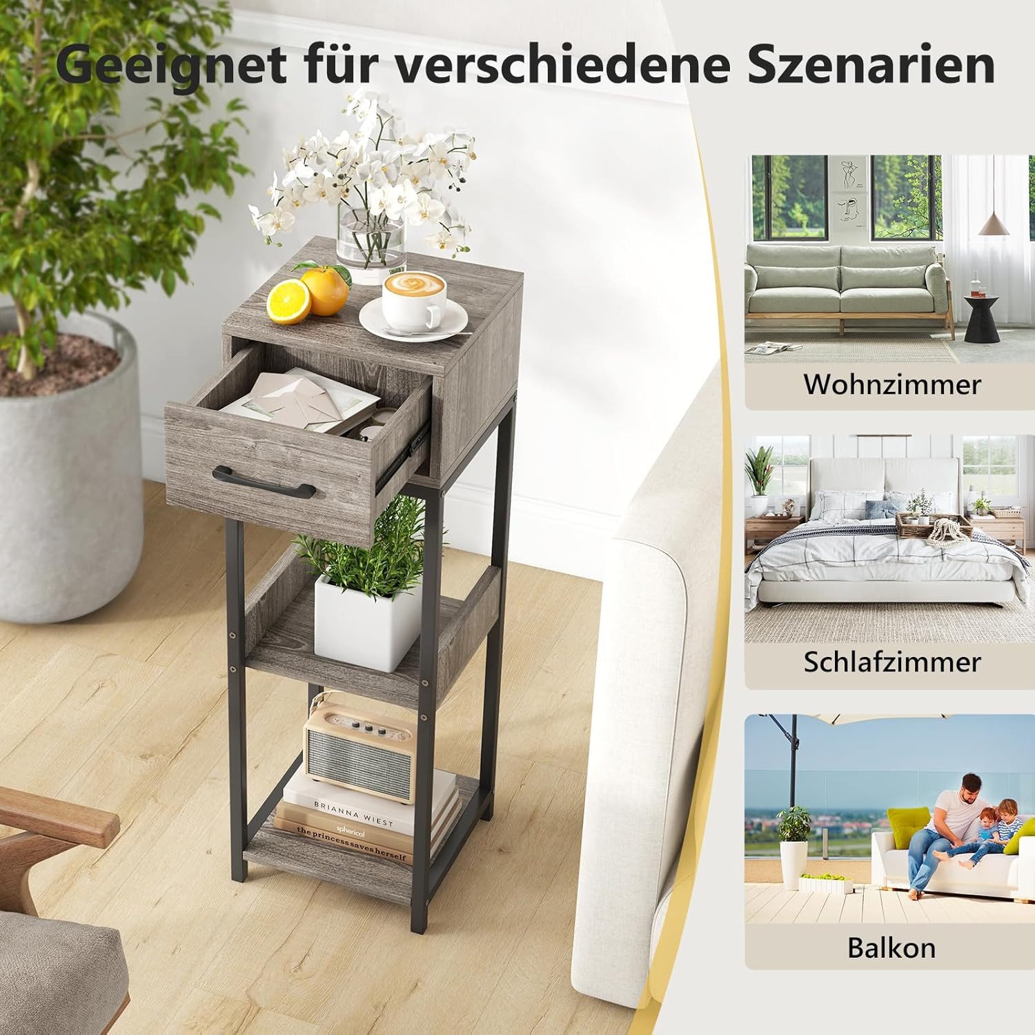 KOMFOTTEU Blumenständer Pflanzenständer, mit Schublade & offenen Ablagen