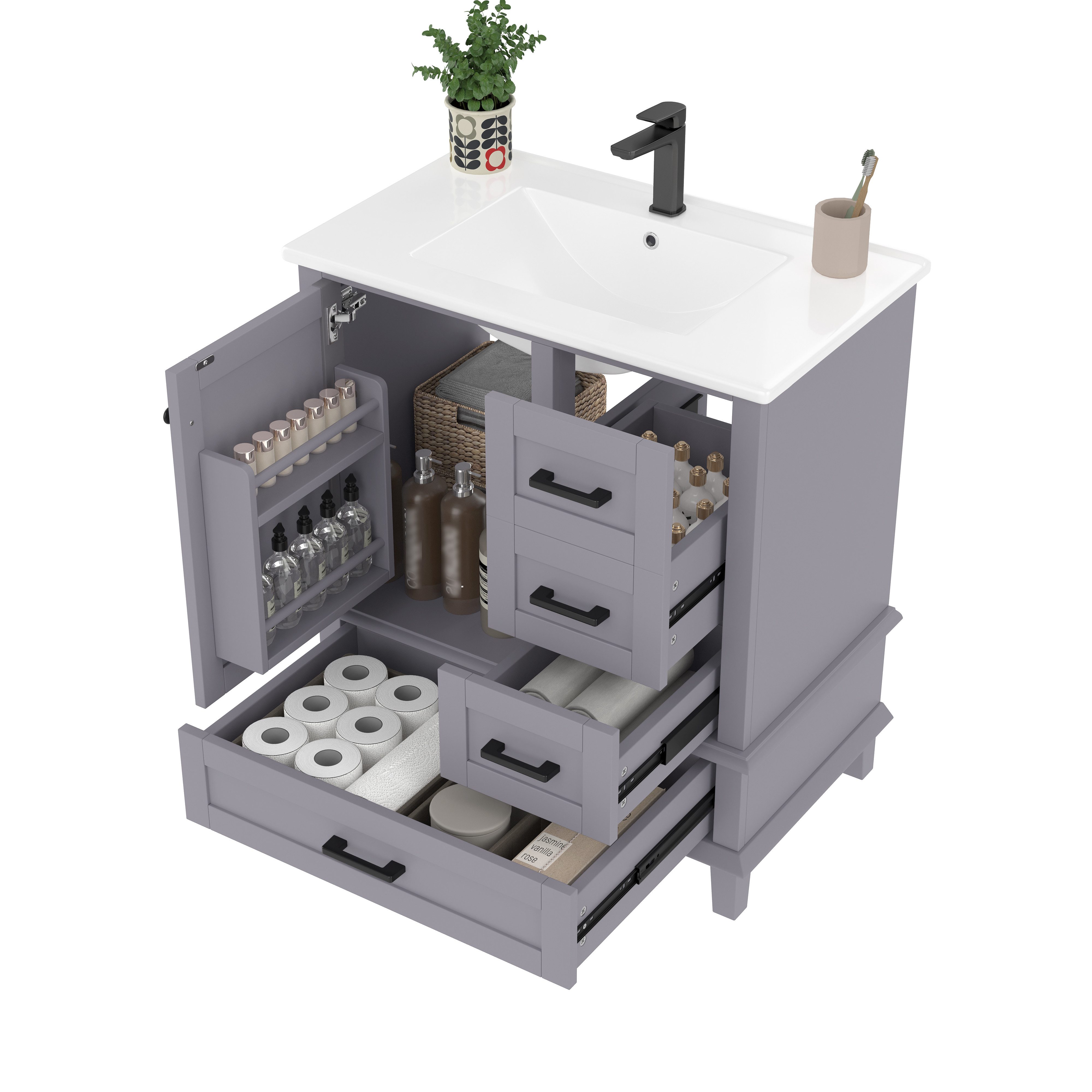 i@home Waschbeckenschrank Badezimmerschrank,Waschtisch, grau /weiß (Packung set) mit Keramikwaschbecken,Türregal und vier Schubladen,76x46x83,5cm