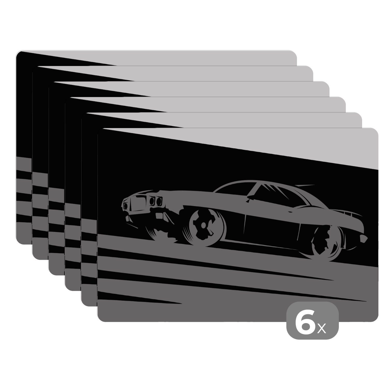 Platzset, Illustration eines vorfahrenden Muscle Cars - schwarz und weiß, MuchoWow, (6-St), Platzset, Platzdecken, Platzmatte, Tischmatten, Schmutzabweisend