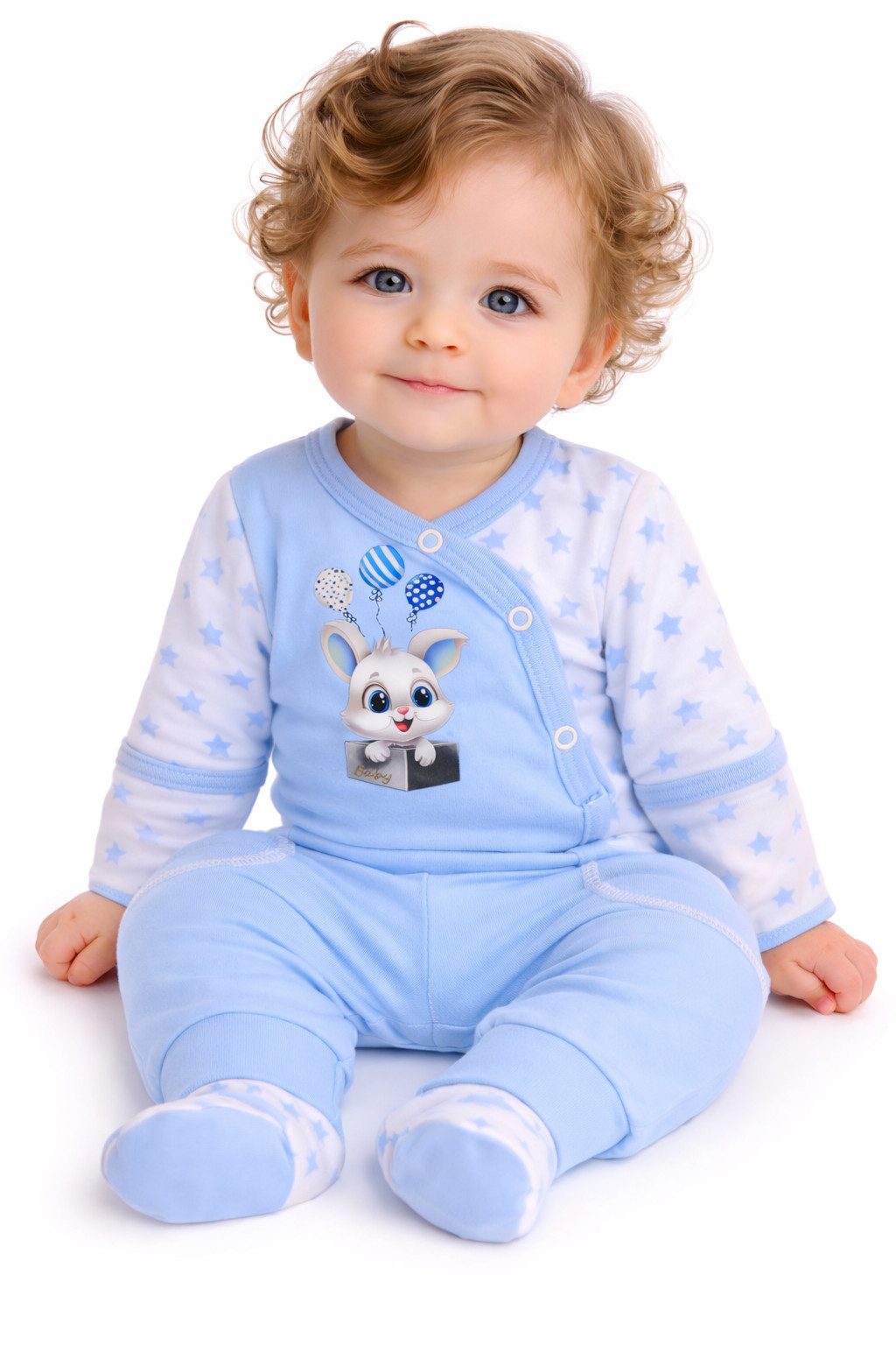 La Bortini Wickelbody Body mit Kratzschutz und Hose Baby Anzug Set in Blau mit Hasen aus reiner Baumwolle, 44 50 56 62 68 74 80 86