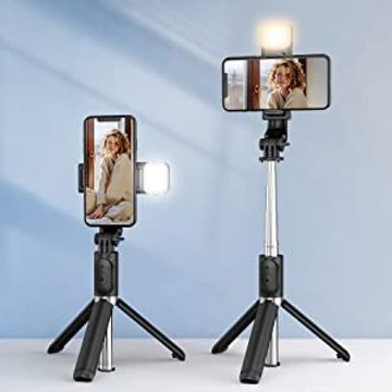 GelldG Selfie Stick Stativ mit Licht, Fernbedienung, 360 Grad Drehung Stativ Selfiestick