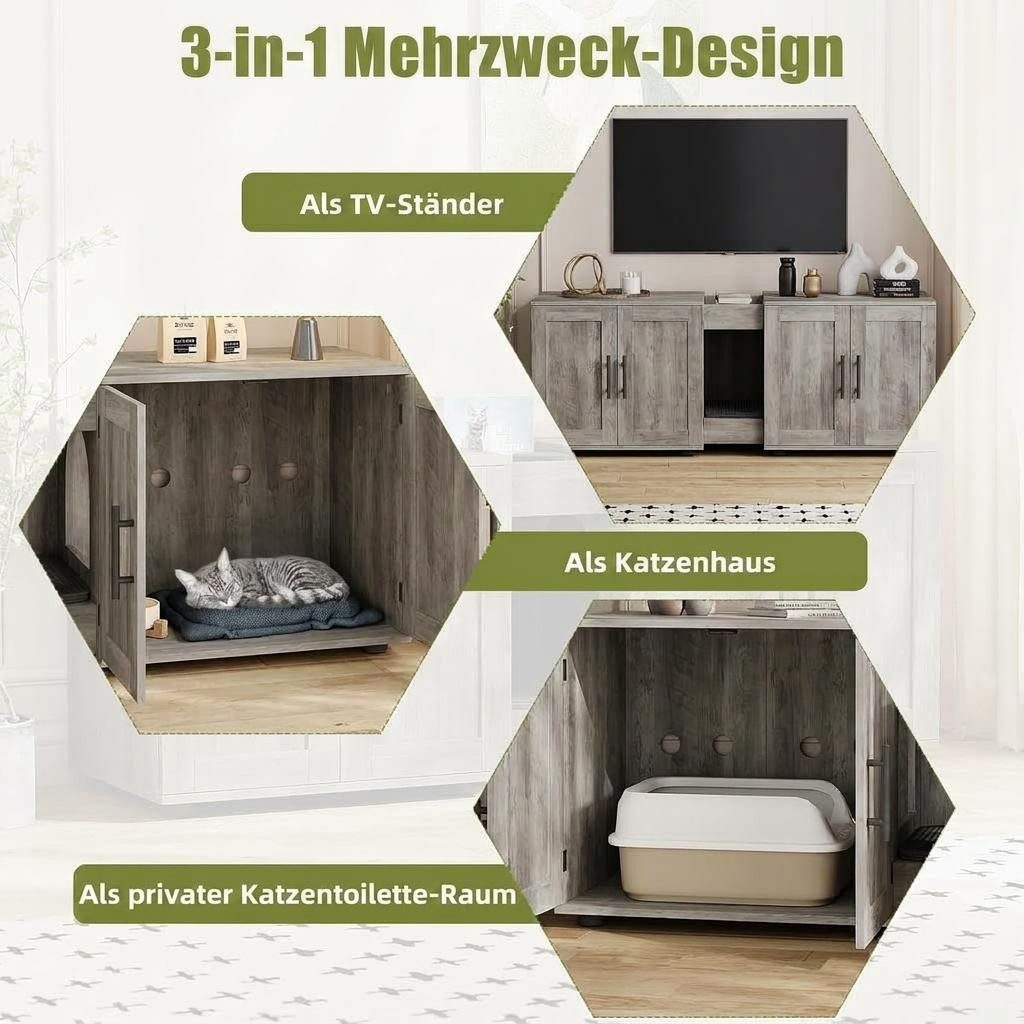 GarveeMore Katzentoilette verstecktes aus Holz mit Doppelraum für 2 Katzen, 55" großes verstecktes Katzentoilettengehäusemöbel mit Doppelzimmern