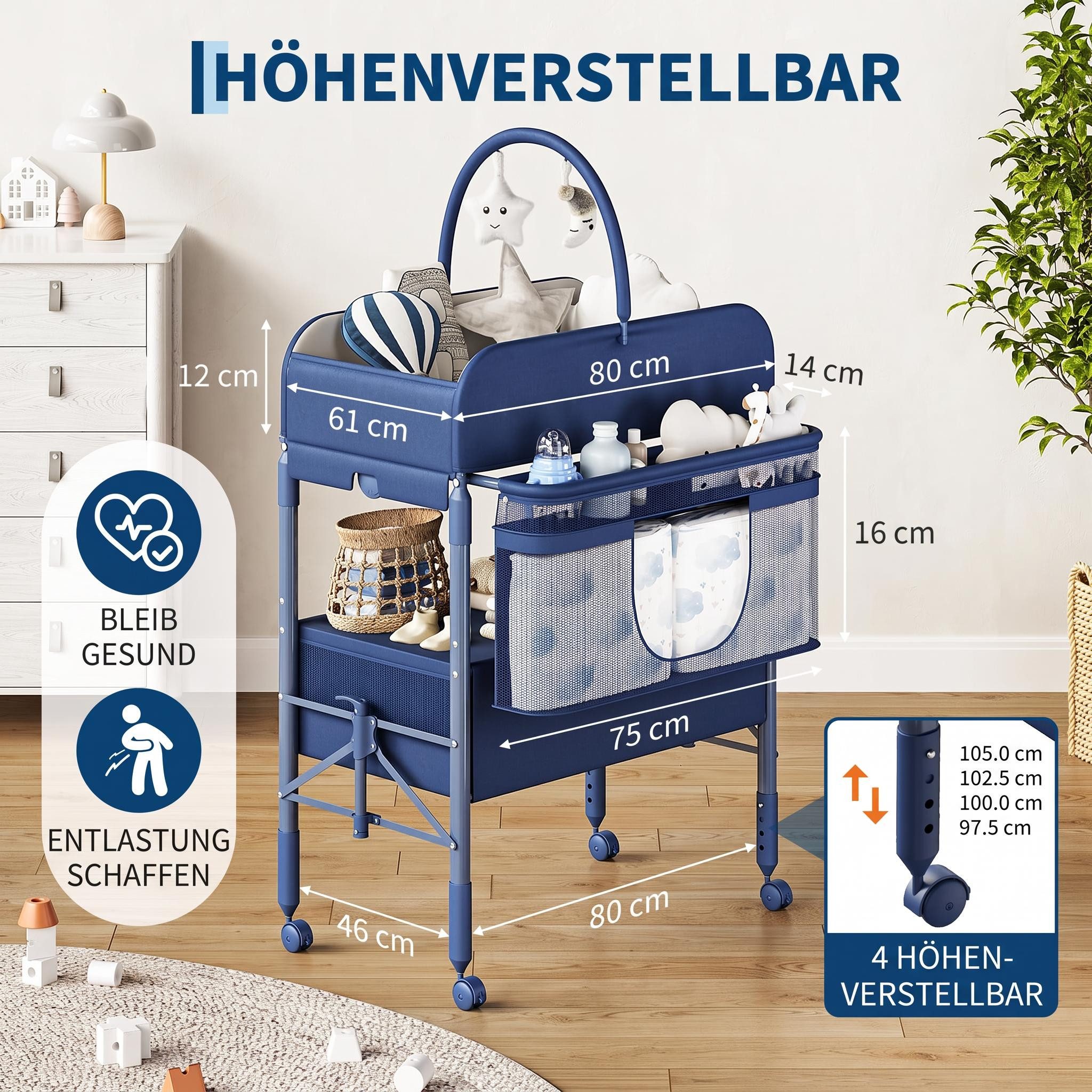GarveeMore Wickeltisch Höhenverstellbarer Wickeltisch Klappbar, mit Rollen & Schubladen, Platzsparend klappbar, höhenverstellbar (97-105 cm) & mobil – Bild 2 von 5