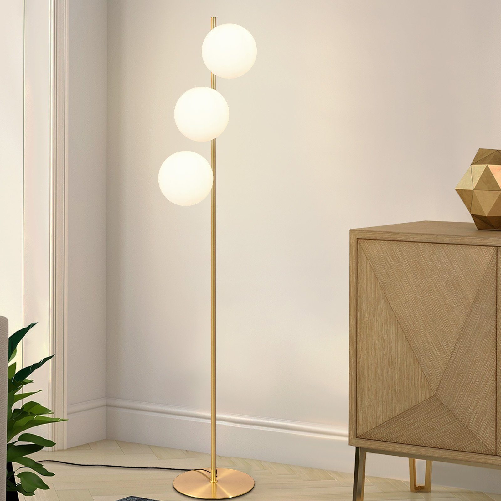 ZMH Stehlampe Wohnzimmer 3 Flammig Industrial Modern Standleuchte mit Fußschalter, Einfache Installation, ohne Leuchtmittel, Weiß Glas Standlampe E27 Vintage Bodenlampe, Schwarz/Gold