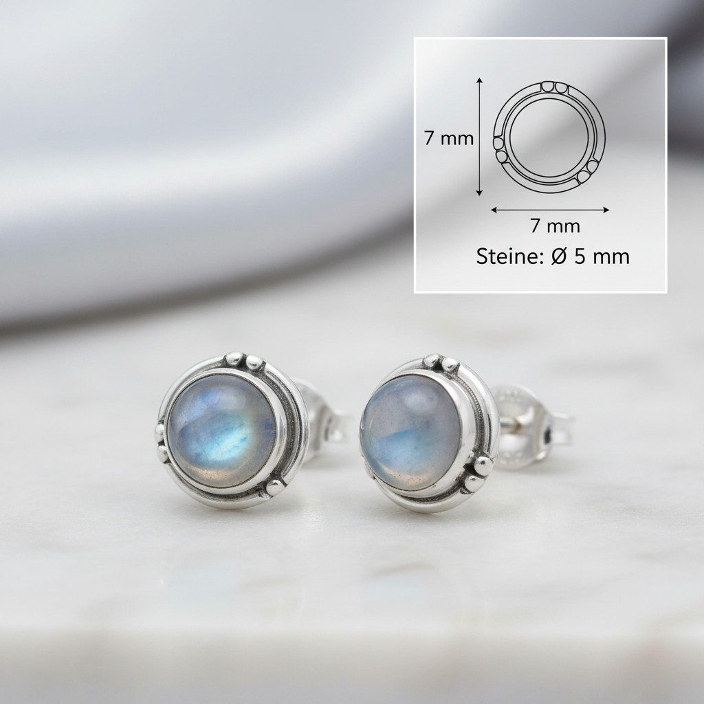 mantraroma Paar Ohrstecker LITANG aus 925 Silber mit Regenbogen Mondstein (Paar, Paar Ohrringe mit Schmuckbeutel), 925 Sterling Silber Ohrringe für Damen