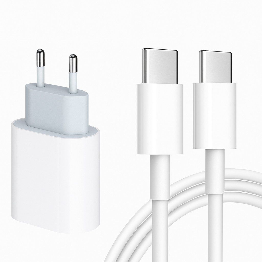 Alpha Electronics Schnellladegerät USB C passt für iPhone 15 / Pro / Max / Plus Smartphone-Ladegerät (3000 mA, Sparangebot, 2-tlg., 1 x Adapter 20 Watt +1x Ladekabel USB-C auf USB-C 1 Meter oder 2 Meter, 60w Ladekabel)