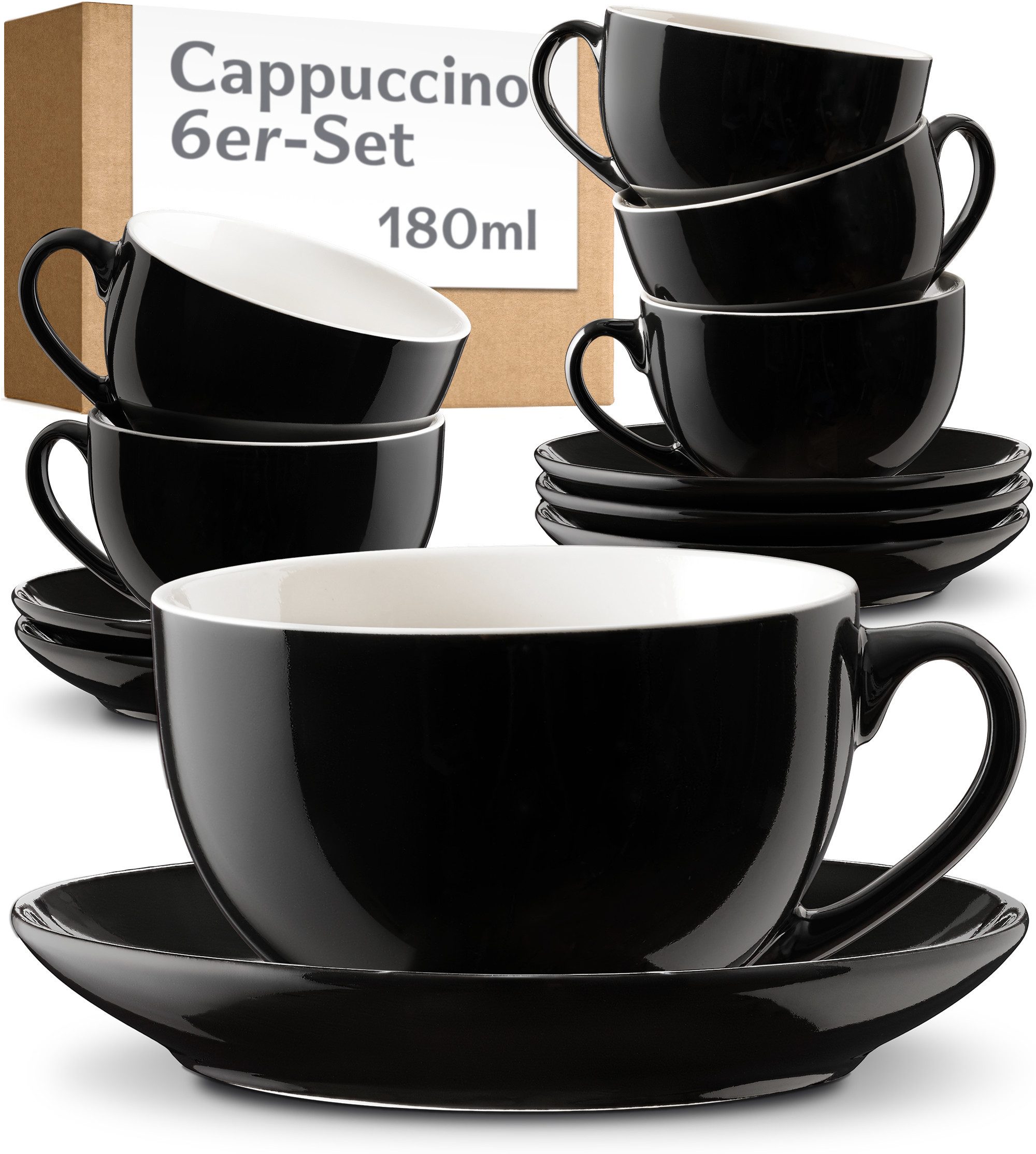 Cosumy Cappuccinotasse Cappuccino Tassen Set 6er mit Untertassen – Kaffeetassen Keramik 180ml, 6-tlg., Keramik, Mit Untertassen - Hält Lange warm - Spülmaschinenfest - 180ml