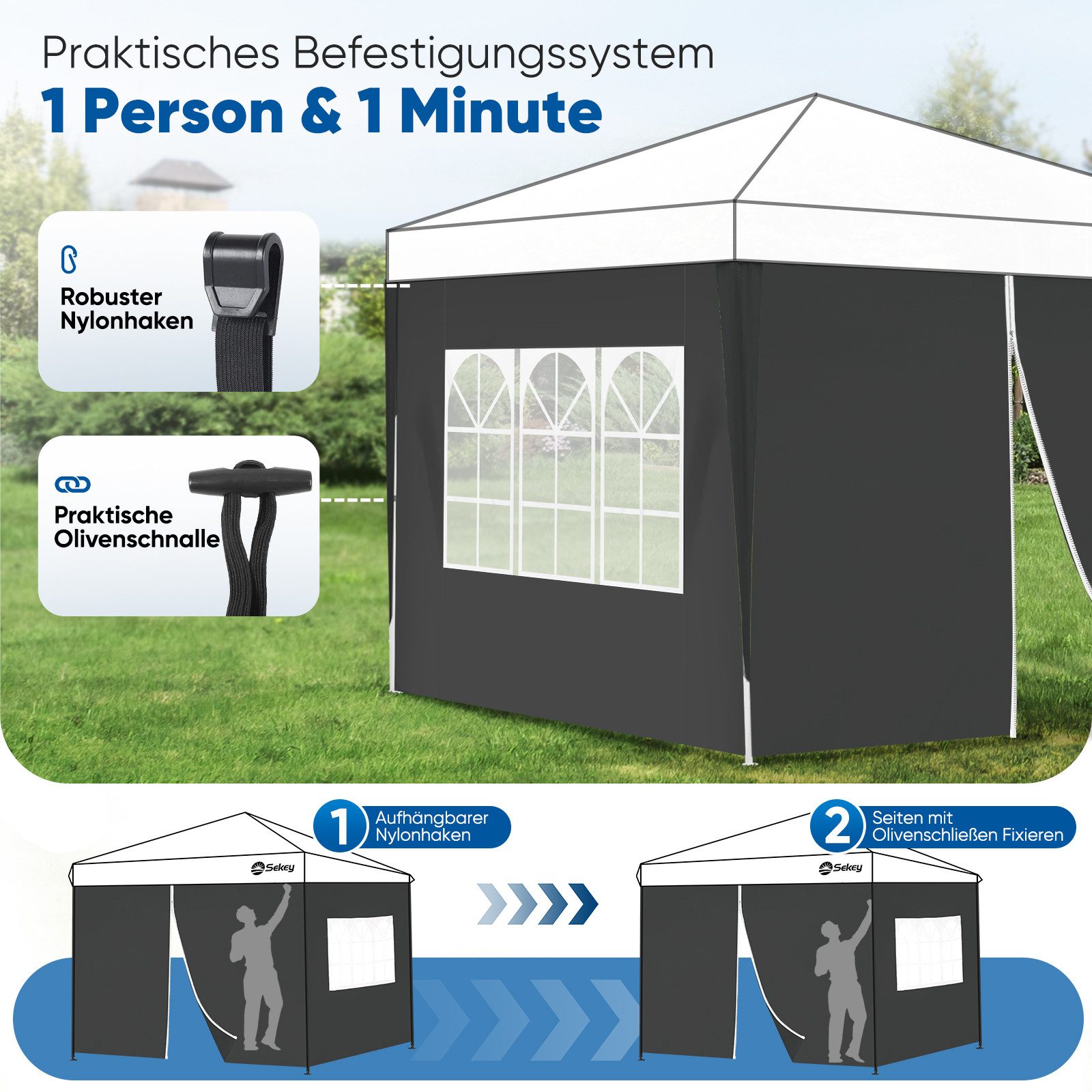 Sekey Pavillonseitenteil 2er Set Pavillon Seitenteile Seitenwand für Faltpavillon 300 x 300 cm, Mit Reißverschluss, mit Fenster / auch für 300 x 600 cm, 300 x 900 cm