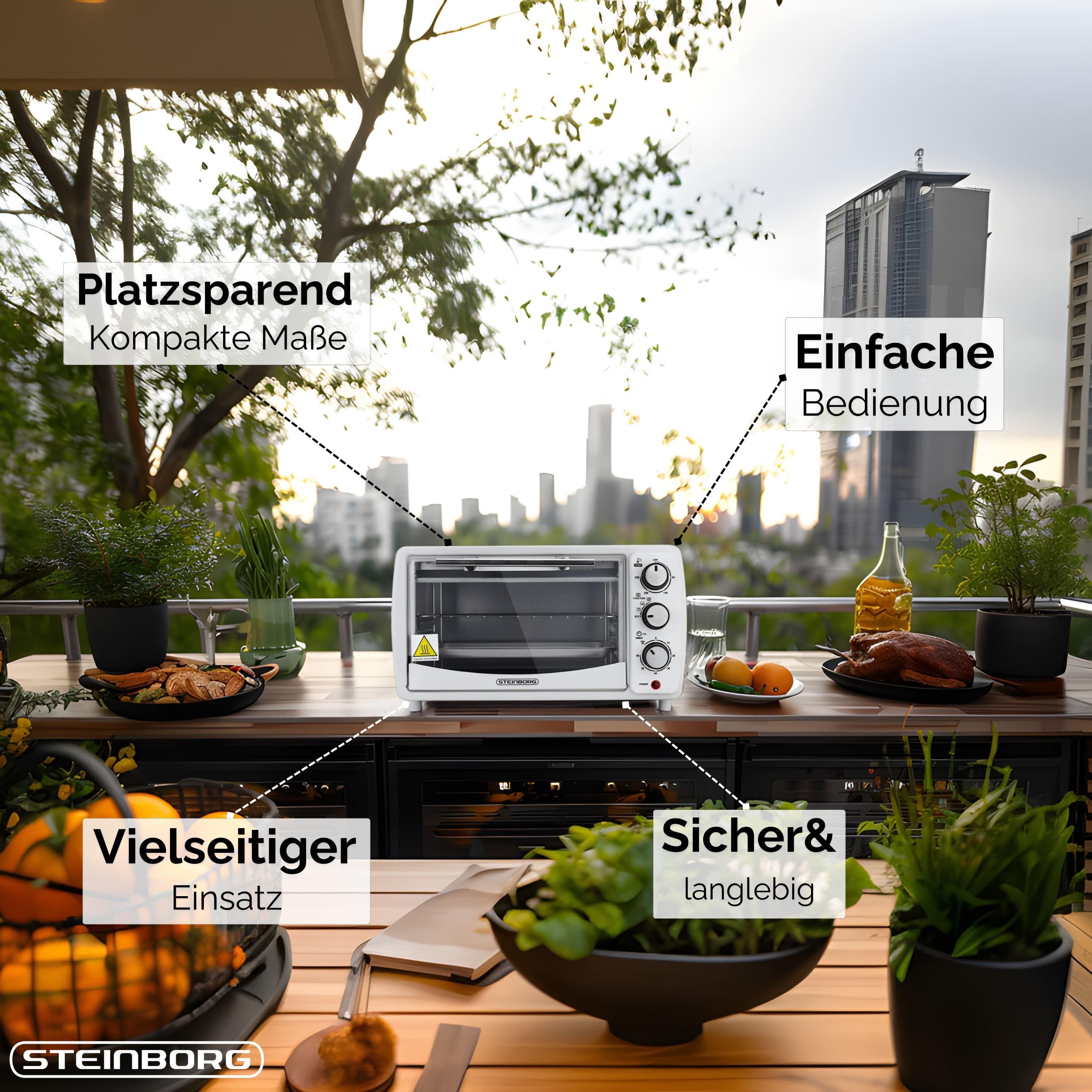 STEINBORG Minibackofen SB-3005w, 13 Liter, Großes Sichtfenster, Hitzebeständiges Gehäuse, 1200 Watt
