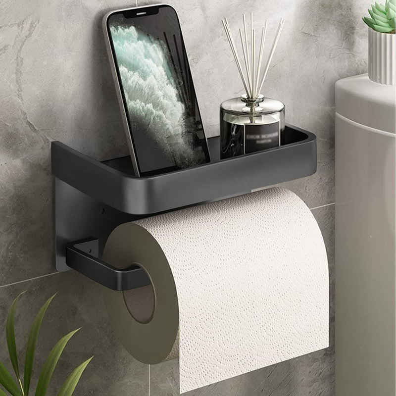 CALIYO Toilettenpapierhalter Toilettenpapierhalter Ohne Bohren mit Ablage, Selbstklebend Aluminium, Klorollenhalter für Badezimmer Toilette Küche