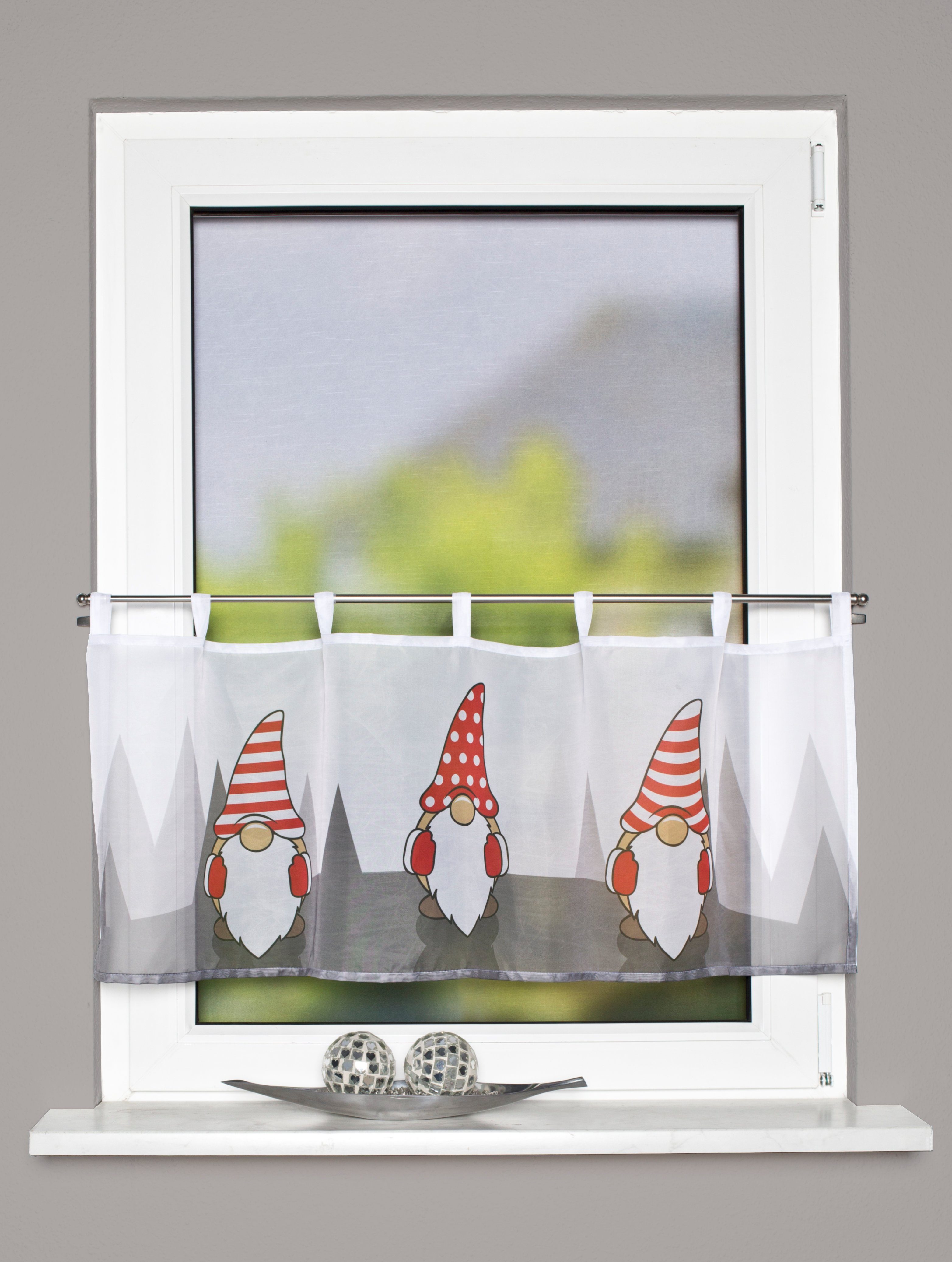 Scheibengardine Cafehaus mit Schlaufen, Scheibengardine, Drei  Weihnachtswichtel, HxB 45x120cm, Weihnachten, Clever-Kauf-24, Schlaufen (1  St), transparent