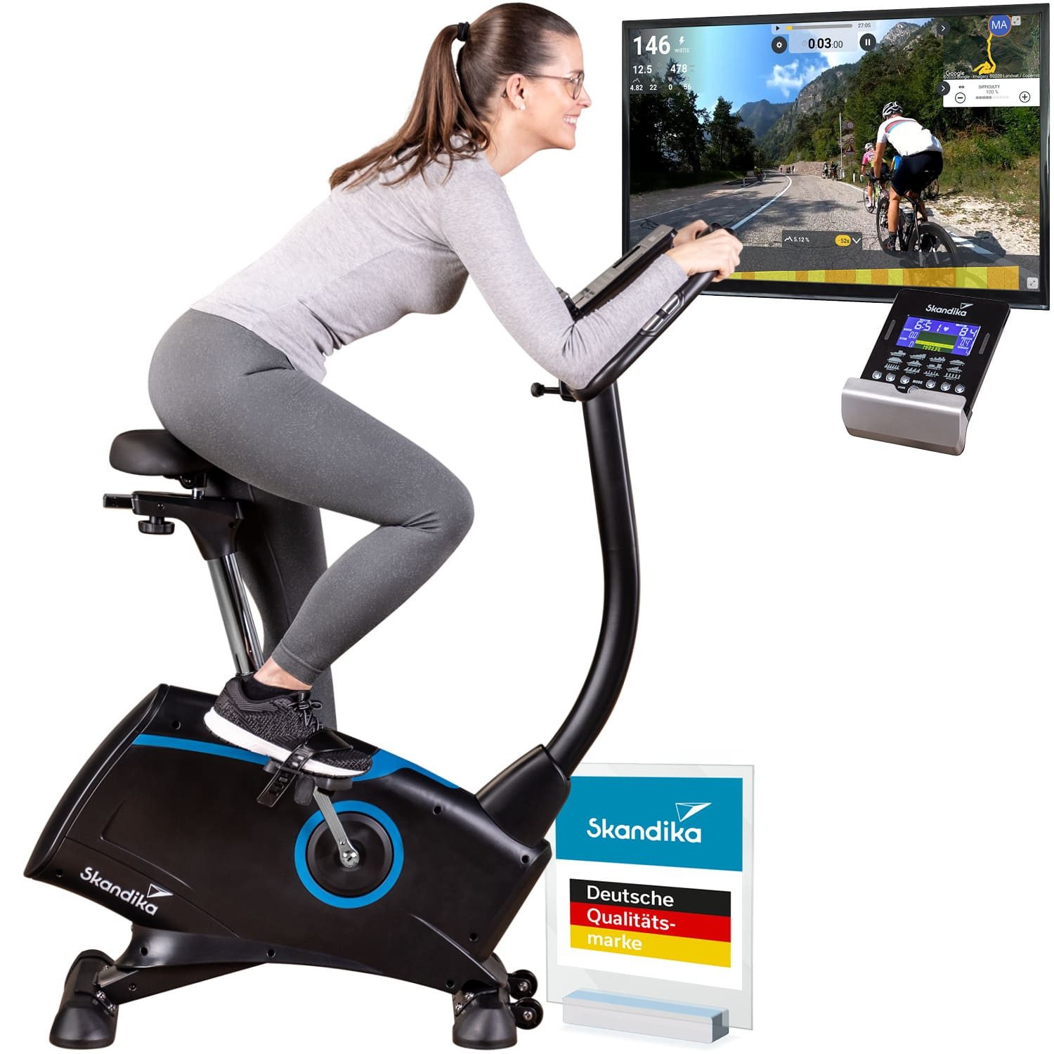 Skandika Heimtrainer Cardio Bike Atlantis Heimtrainer mit App Steuerung, Bluetooth (Maximales Benutzergewicht 150kg, Tretlager 3-teilig, Niveauregulierung), 10kg Schwungmasse, Pulsmessung, 32 Stufen, geräuscharm Transportrollen