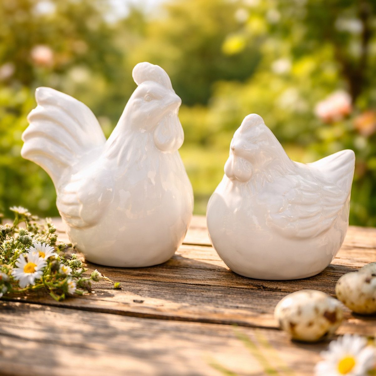 Florists Products Osterhase Keramik Hühnerfigur glänzend Glasur für moderne Wohnraumdeko, 2 Stück