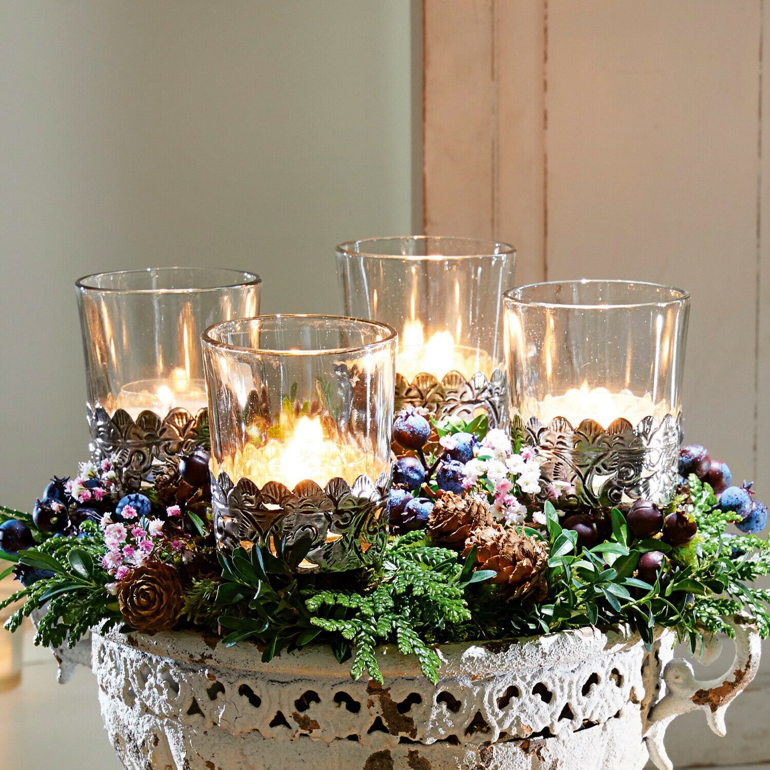 Mirabeau Adventskranz Windlicht 4er Set Pinelle klar/silber