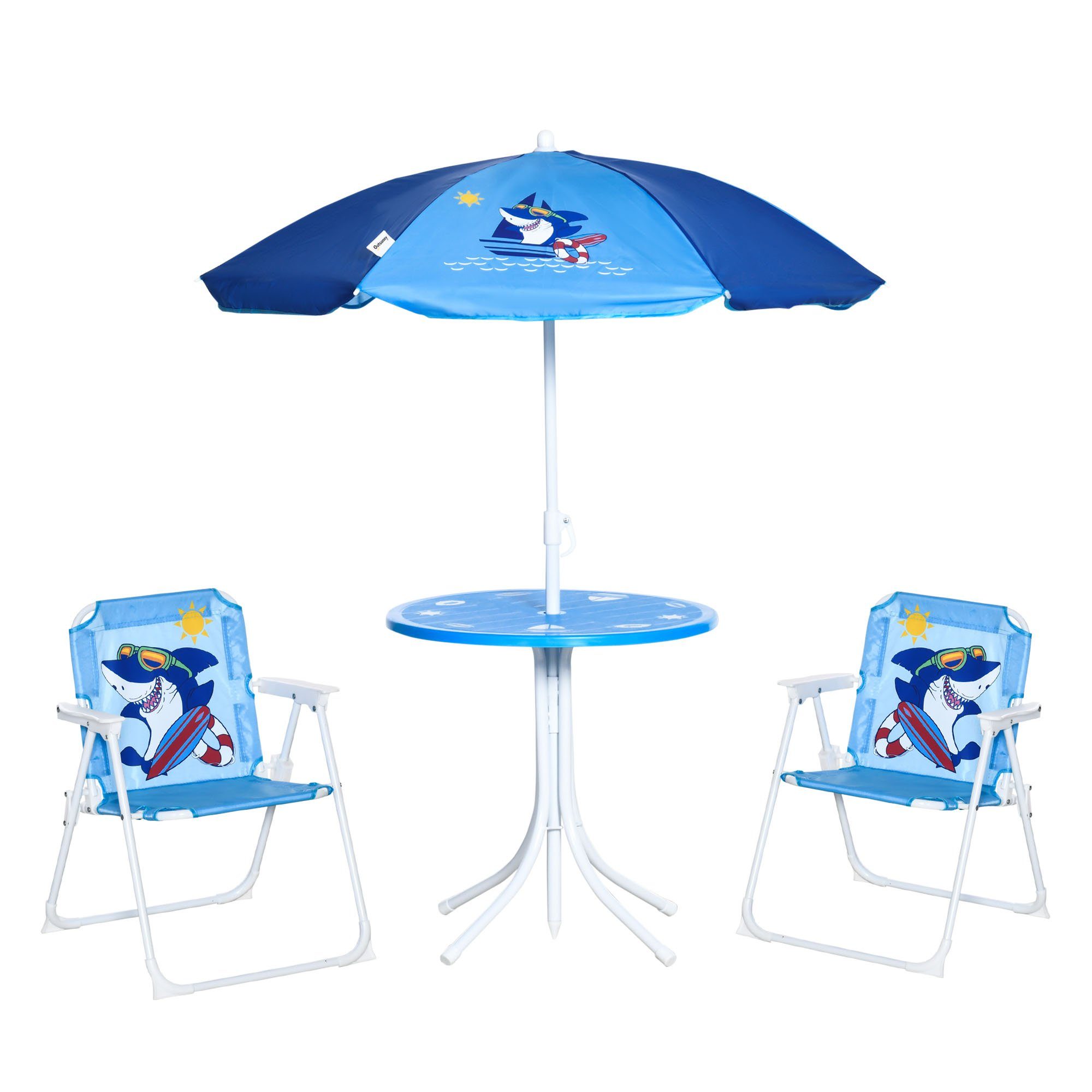 Outsunny Kindersitzgruppe Kindersitzgruppe, (Set, 4-tlg., 2 Stühle, 1 Tisch), Tisch mit Sonnenshirm Blau