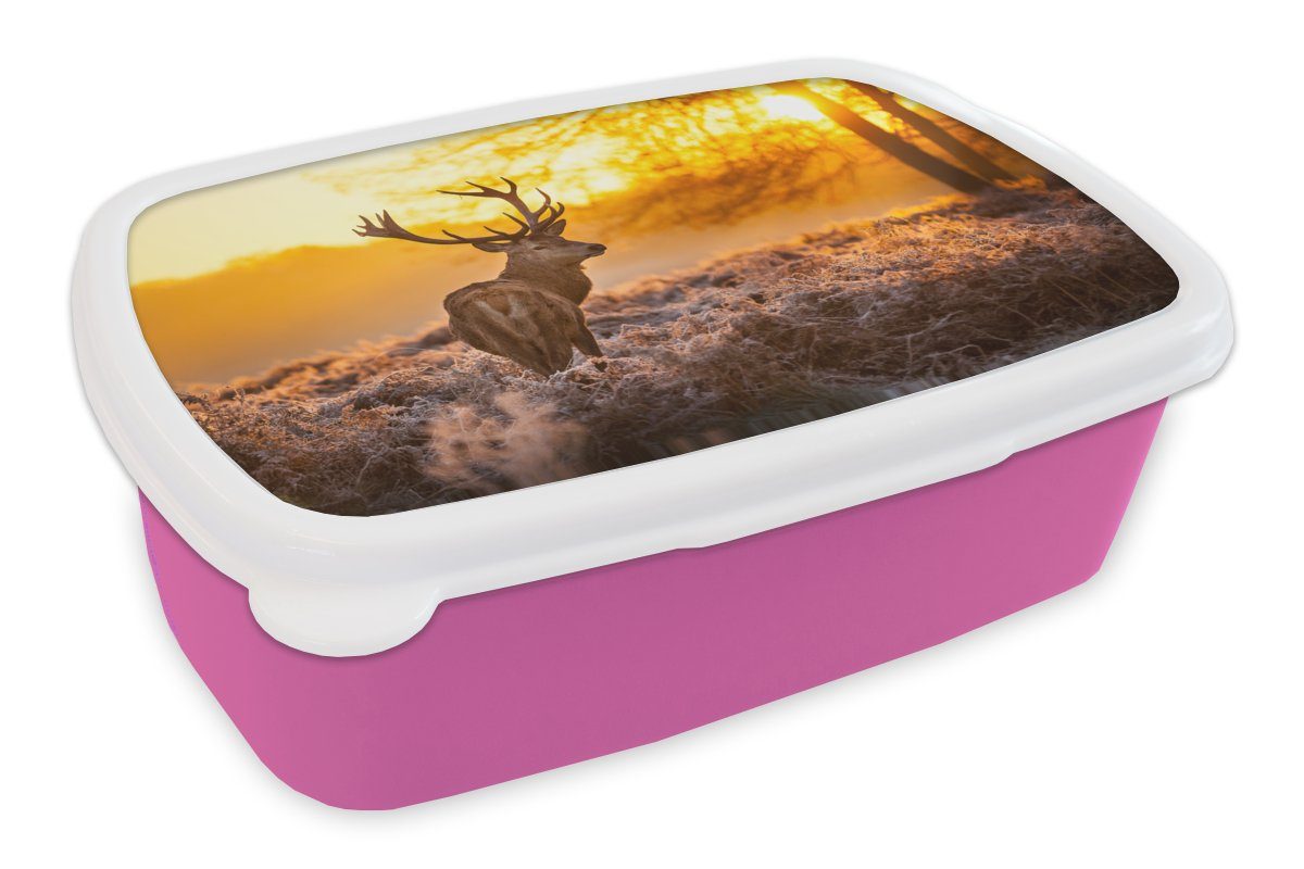 MuchoWow Lunchbox Hirsche - Winter - Sonnenuntergang, Kunststoff, (2-tlg), Brotbox für Erwachsene, Brotdose Kinder, Snackbox, Mädchen, Kunststoff rosa