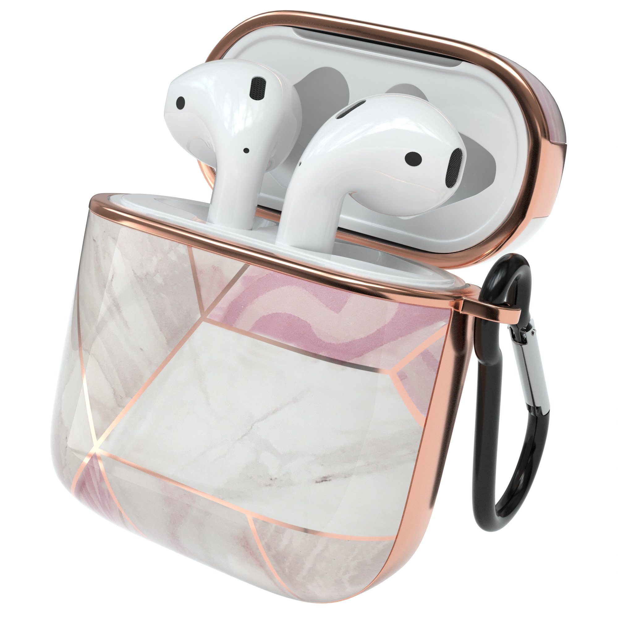 EAZY CASE Kopfhörer-Schutzhülle IMD Motiv Case kompatibel mit Apple AirPods 1 & 2, Hardcover Stoßfest Fullcover Bumper mit Handschlaufe Rosa / Roségold