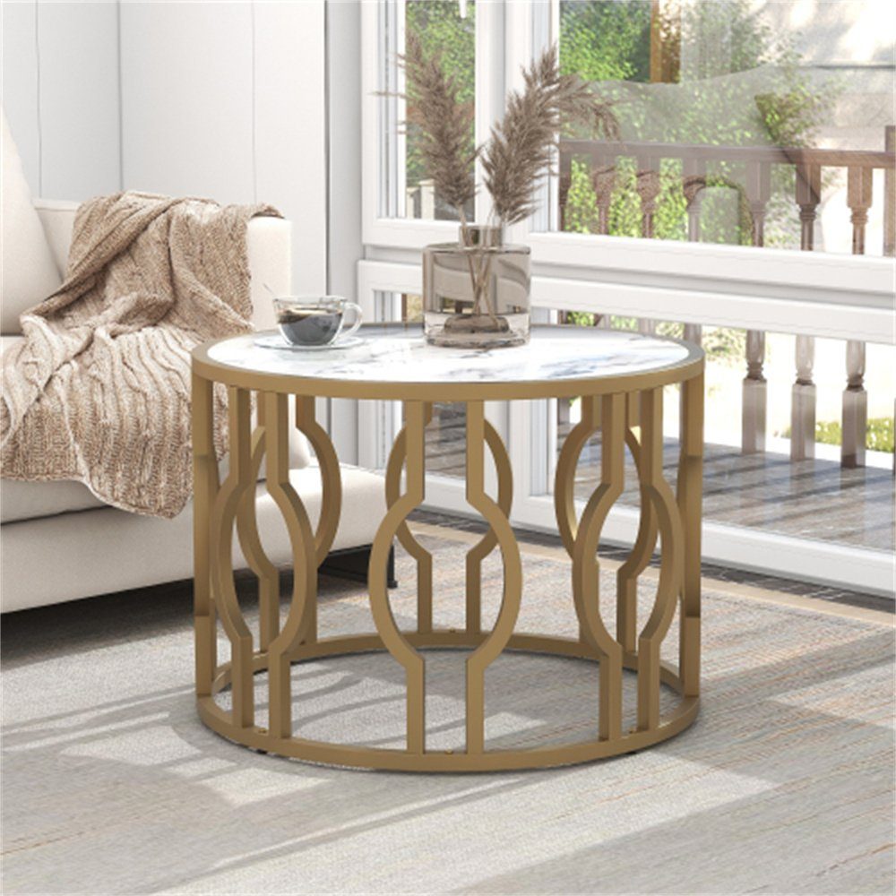 goldfarbenem Tisch Rund Dekorative (1-St), Mamormuster Wohnzimmertisch Stahlrahmen, Wohnzimmer Sofatisch weißes 70*46.5cm Beistelltisch mit Couchtisch