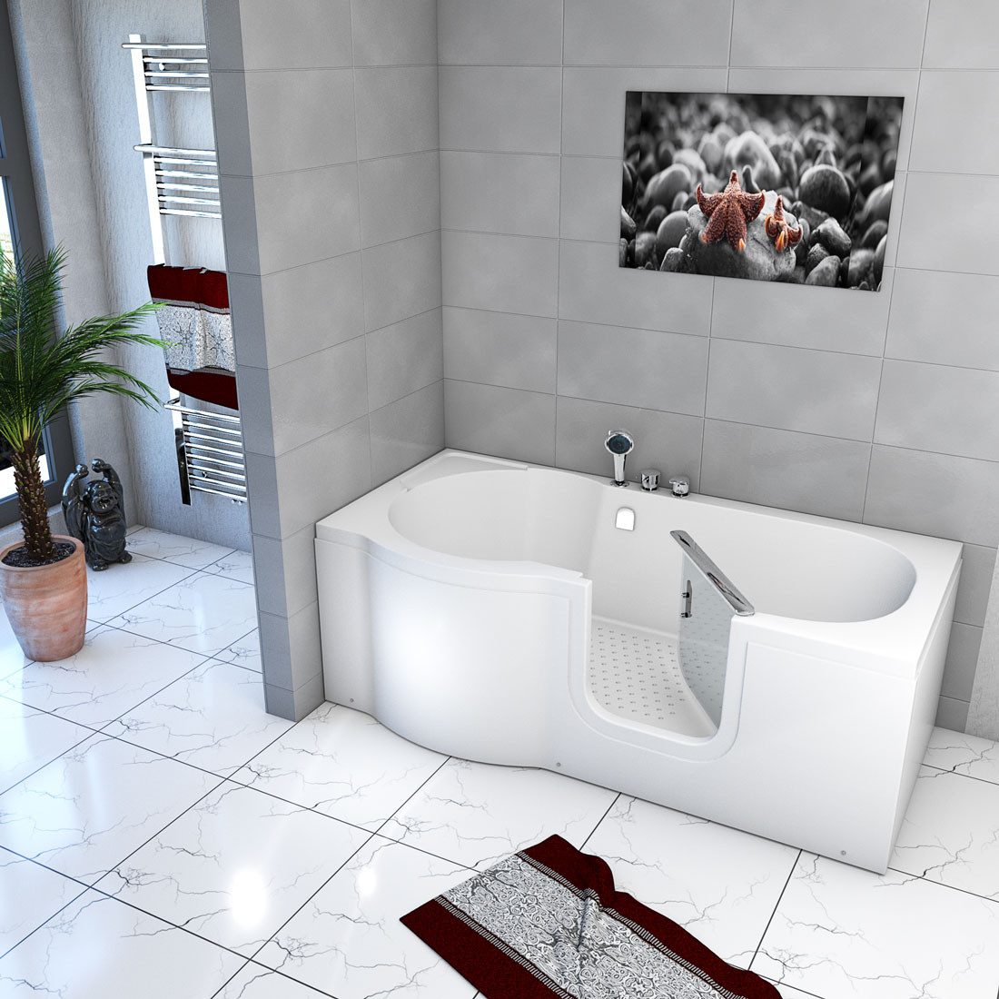 AcquaVapore Badewanne Sitzbadewanne Senioren Wanne Sitzwanne mit Tür S12-R 85x170cm, Schnelle Reinigung, Überlauf Abfluss