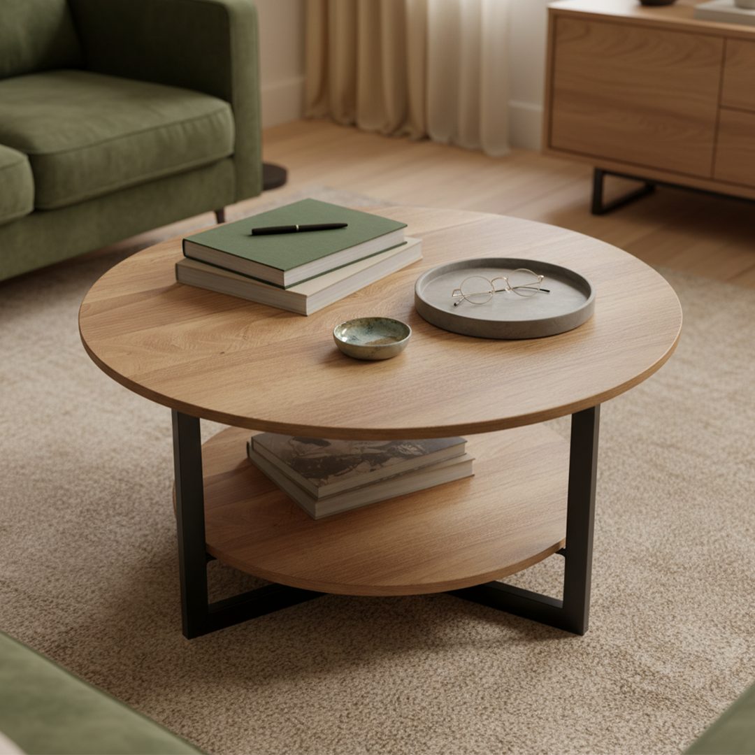 skølm Couchtisch Drakkar aus Massivholz Eiche mit Metallgestell, Wohnzimmertisch Ø70 cm mit 2 Ablageflächen
