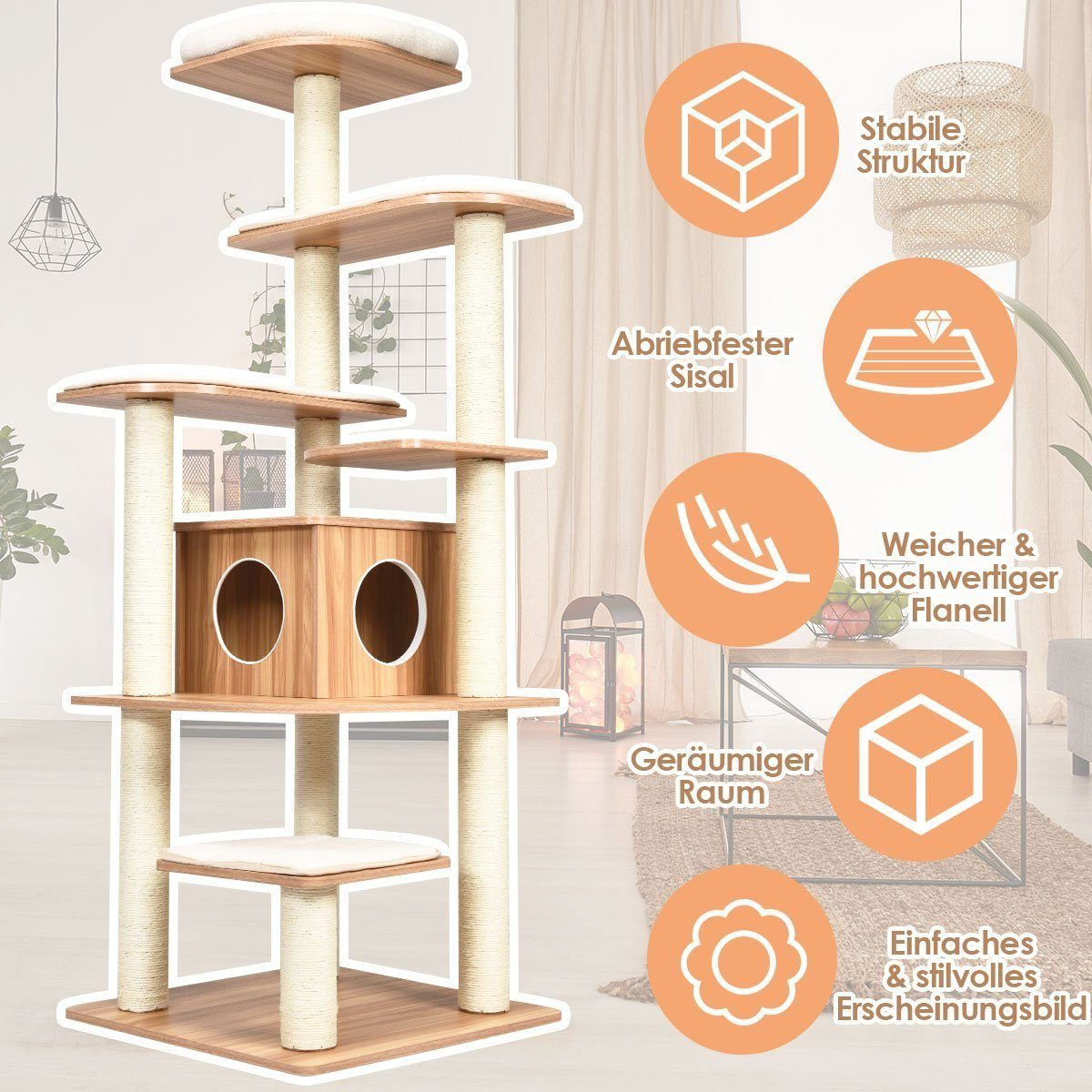 COSTWAY Kratzbaum Katzenbaum, XXL 175 x 86,5 x 86,5 cm, 6-stufig mit 1 Höhle & 5 Matten