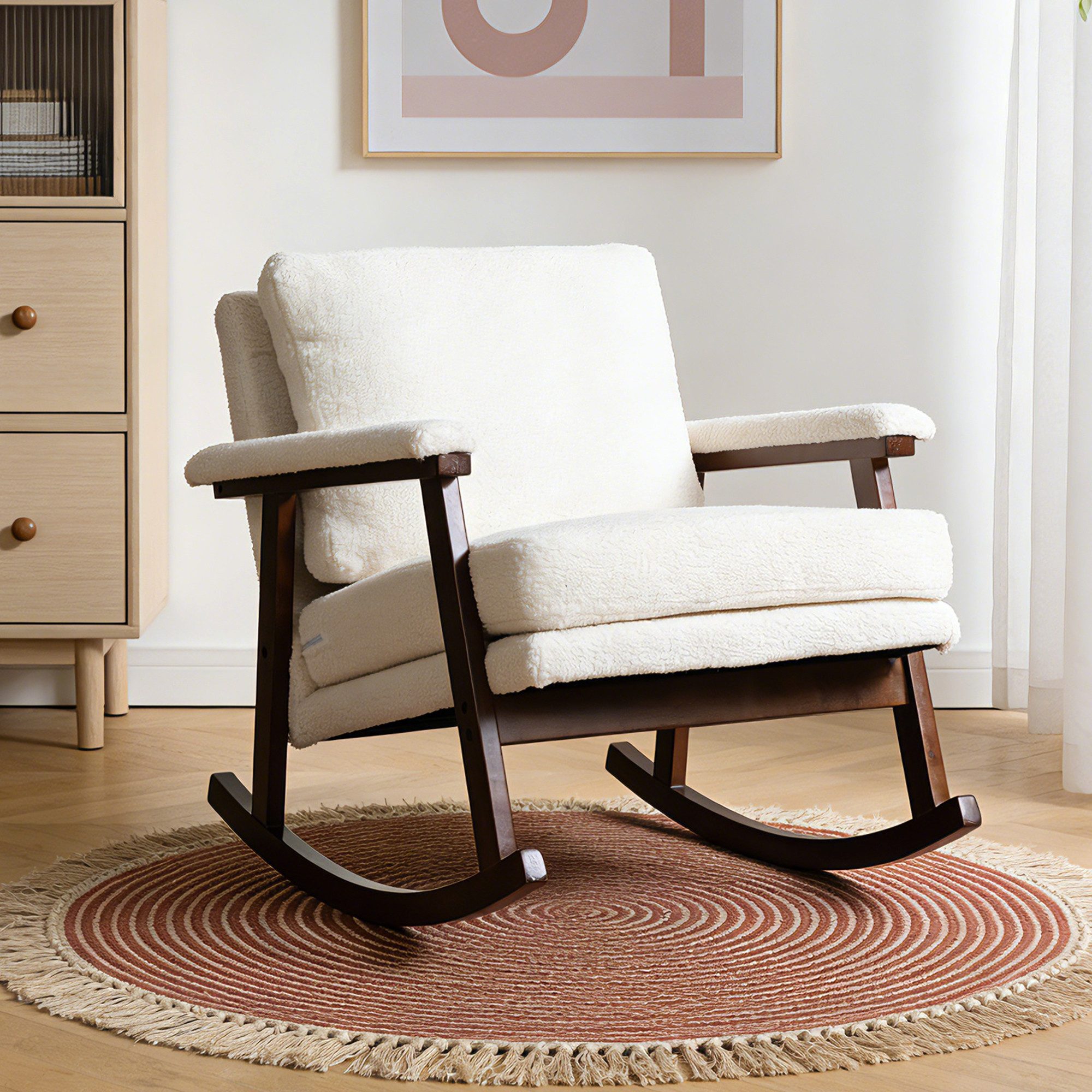 KLAM HOME Schaukelstuhl Mid-Century Schaukelstuhl mit Holzgestell und edlem Samtbezug (Komfortabler gepolsterter Lesesessel für Wohn- und Schlafzimmer), Stilvol – Bild 3 von 5