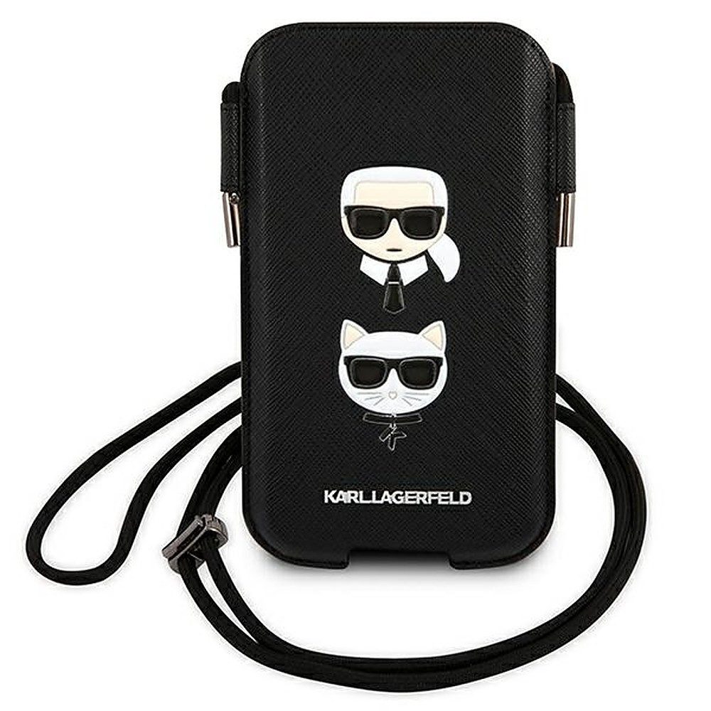 KARL LAGERFELD Handytasche Smartphonetasche Umhängetasche Schutzhülle (Spar-Set, 1-tlg., 18 x 10, 5 cm elegant), Saffiano-Kunstleder, Kordel, Ladeaussparung