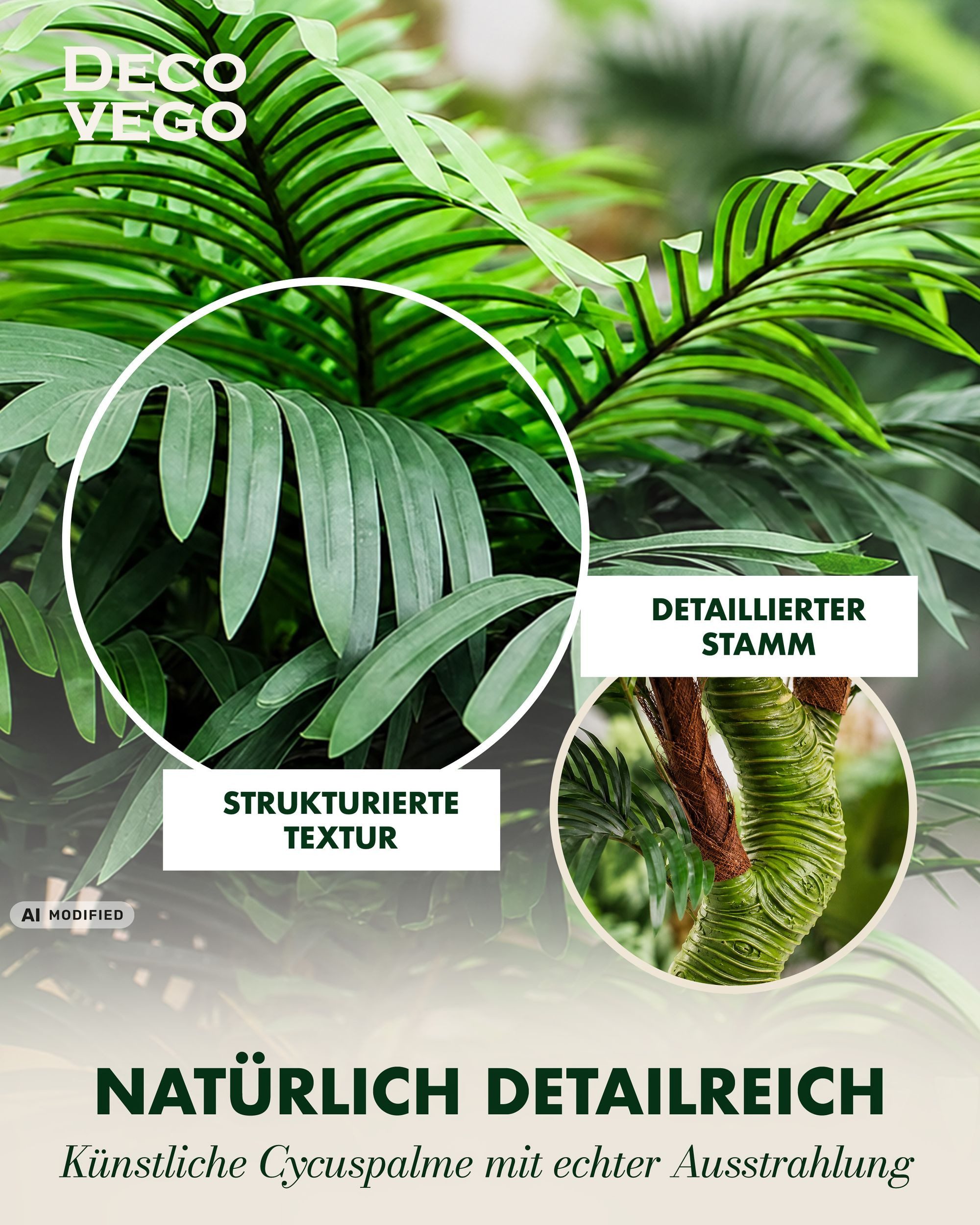 Kunstpalme Palme Cycuspalme Kunstpflanze Künstliche Pflanze mit Topf 165 cm Cycuspalme, Decovego, Höhe 165 cm – Bild 5 von 5