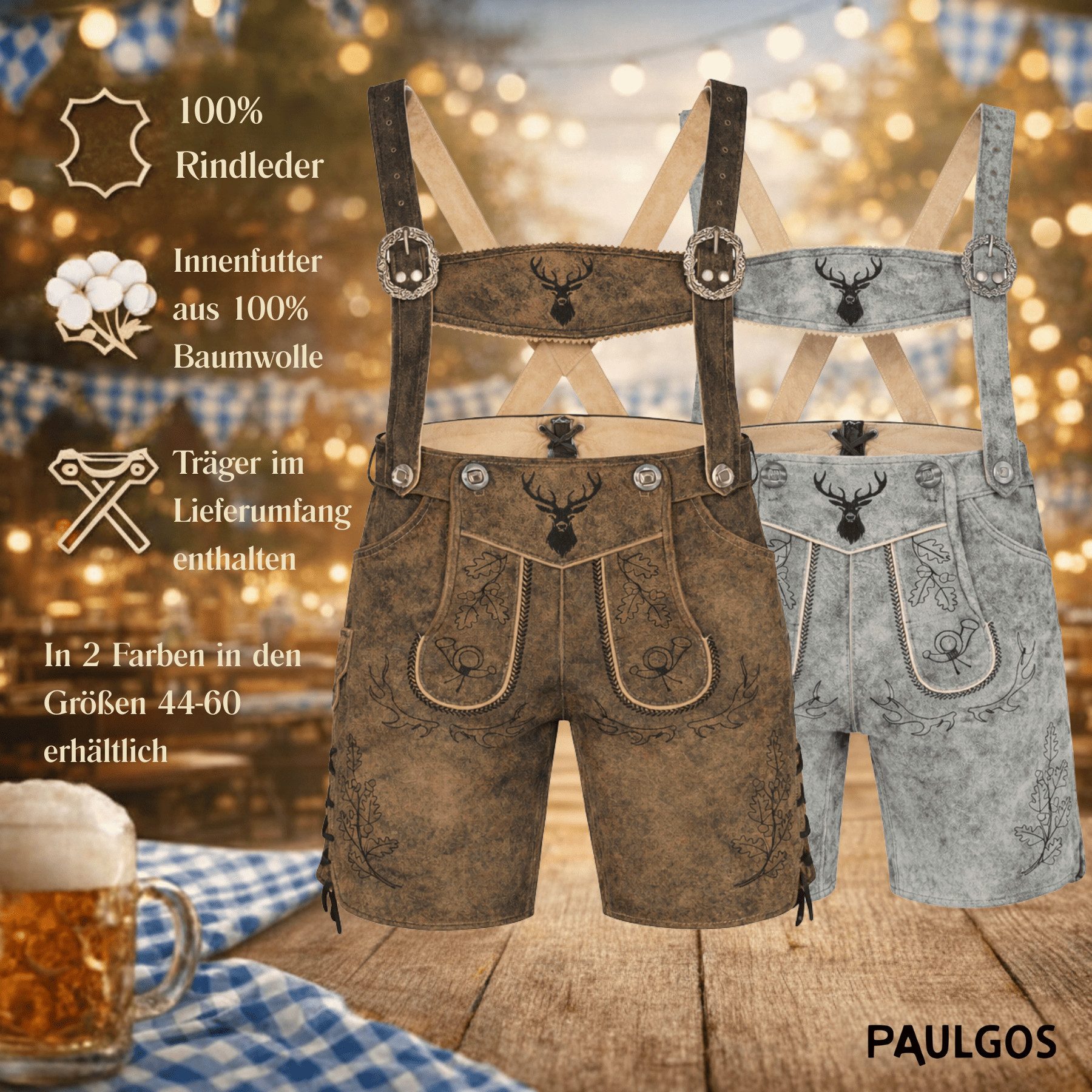 PAULGOS Trachtenhose Herren Lederhose Kurz mit Trägern 100% Echtleder - HK5 ANTIK