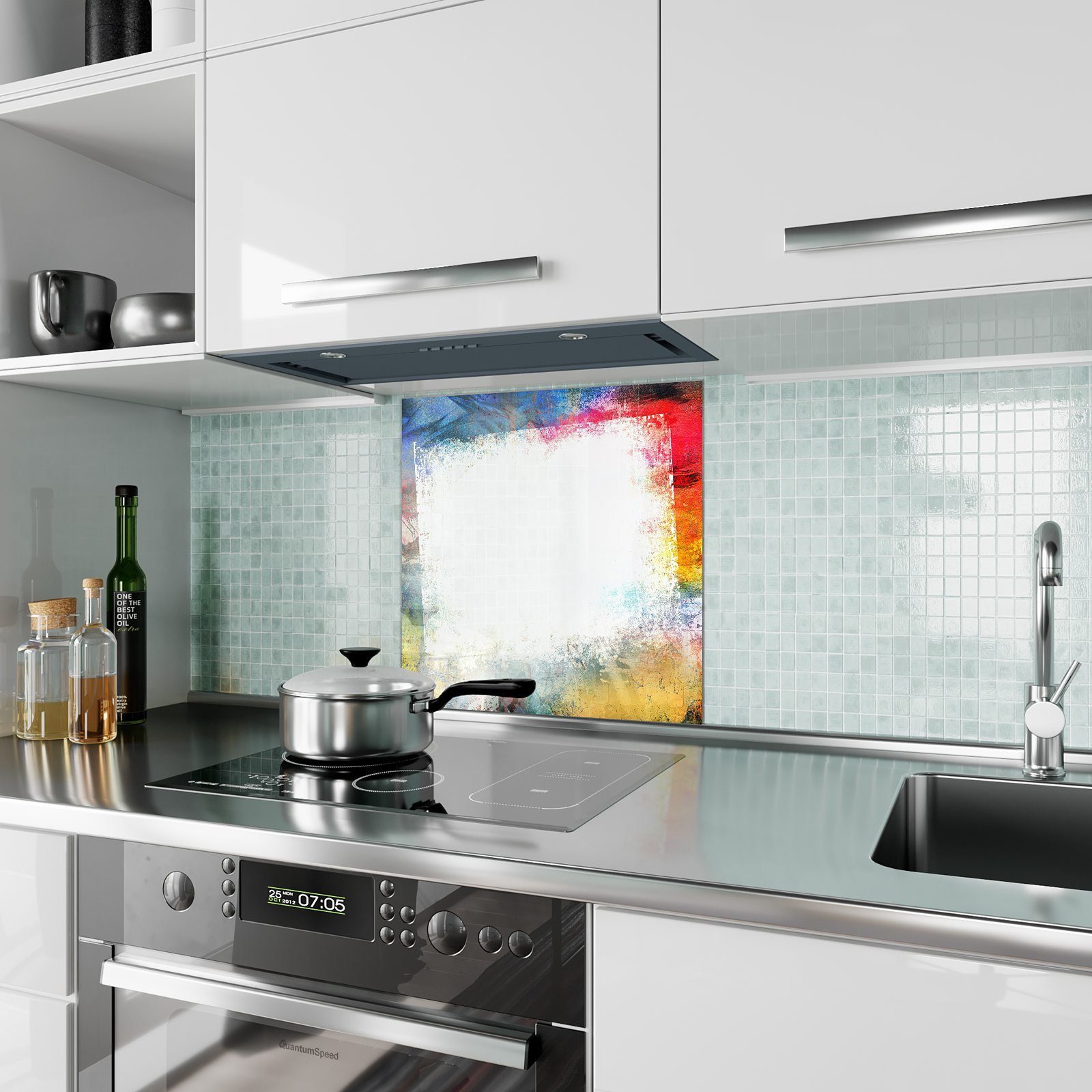 Primedeco Küchenrückwand Spritzschutz Glas Grunge Rand mit buntem Bild