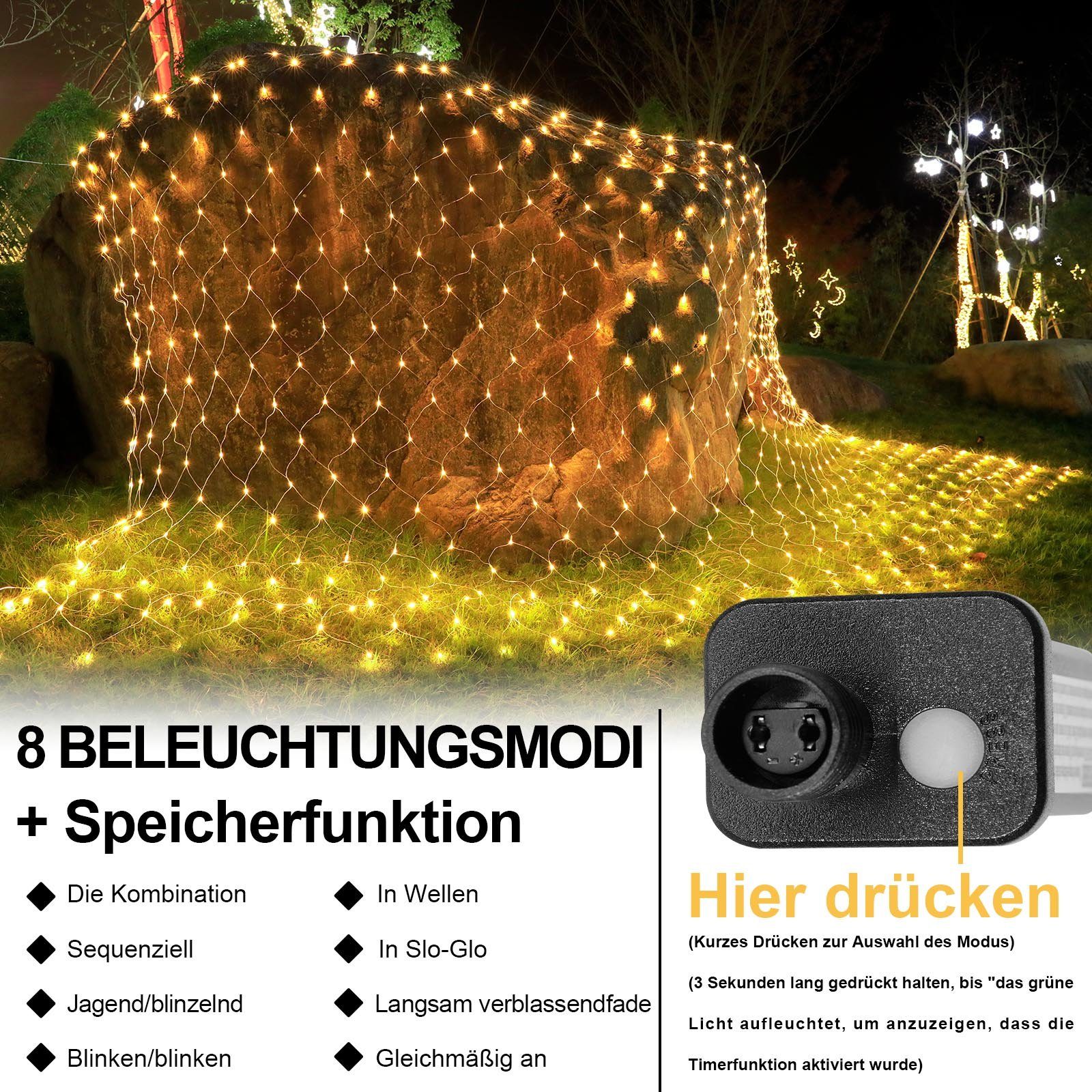Rosnek LED-Lichternetz Urlaubsdekoration Speicherfunktion; Timer, Hochzeit 200-flammig, modi, wasserdicht; 2x3/4x6M, für 8 für Weihnachtsfeier, Gartenzäune