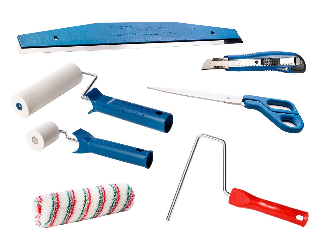 ASKON Renovierungsset Tapezier-Set, (Set, 7-tlg., Lineal, Kleisterroller, Bügel, 2 Roller, Cuttermesser, Schere), 7-teilig