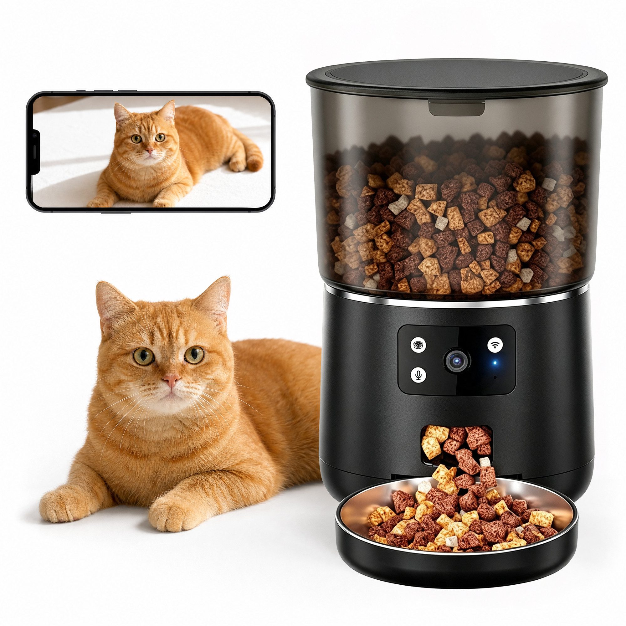 Cetipaw Katzen-Futterautomat Futterautomat Katzen mit Kamera, 2.4G/WiFi Futterautomat Kleine Hunde, Trockenfutter Automat mit APP-Steuerung, Zwei-Wege-Audio, Nachtsicht