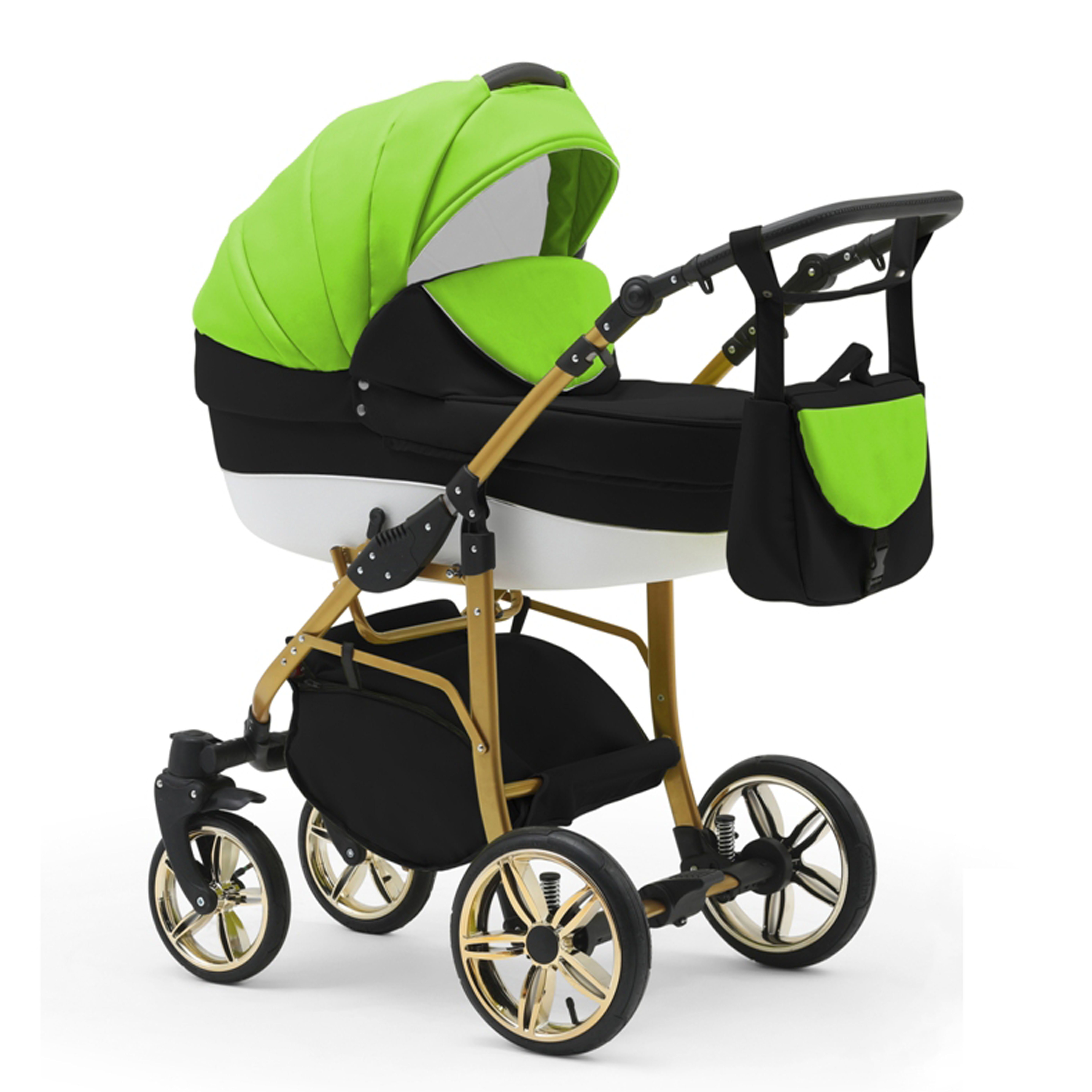 babies-on-wheels Kombi-Kinderwagen 2 in 1 Kinderwagen-Set Cosmo ECO Gold - 13 Teile - in 46 Farben Schwarz-Grün-Weiß