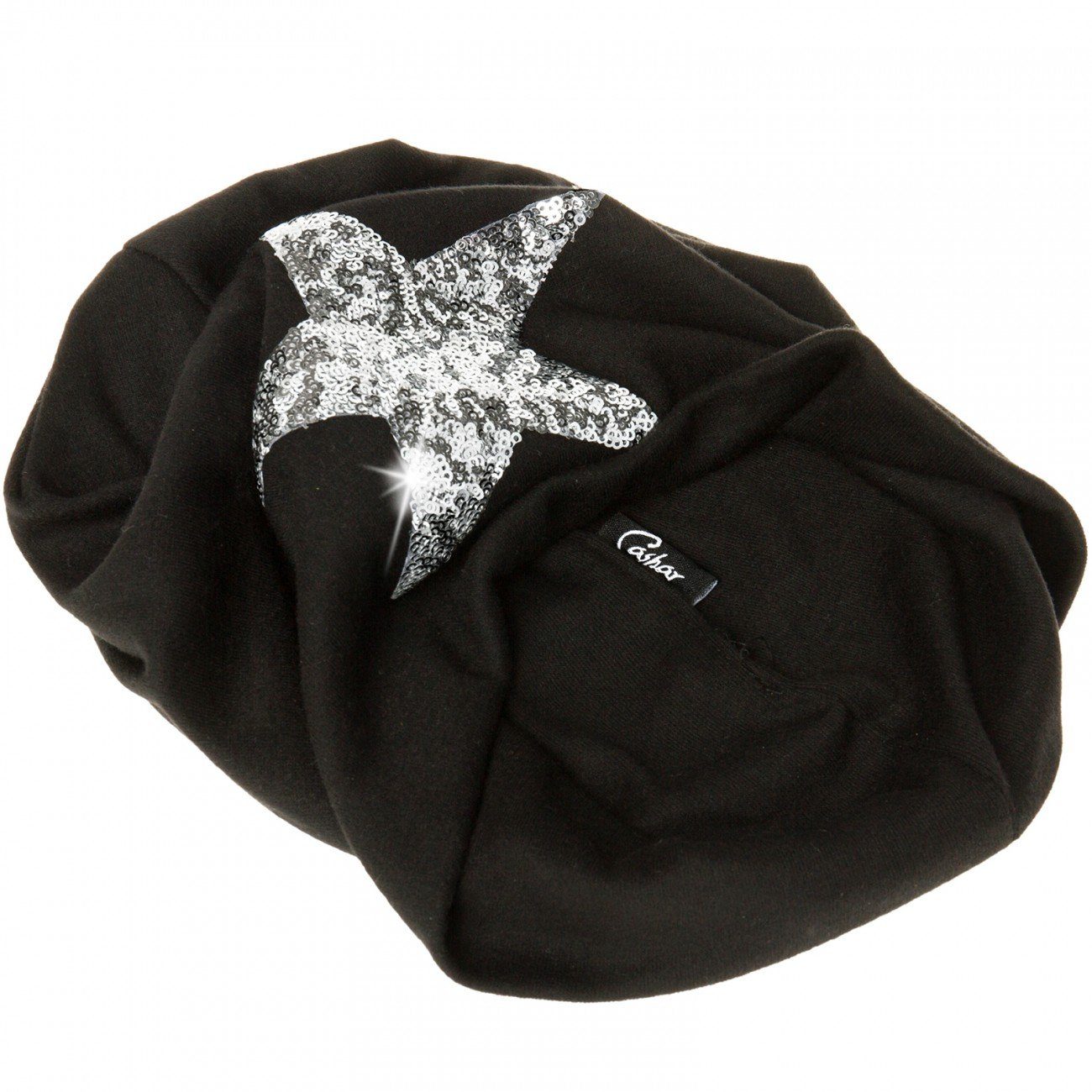 Caspar Beanie Pailletten schwarz und Stern MU136 (uni) Mütze warmem Flanell mit Stoff