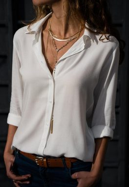 Opspring Hemdbluse Damen Bluse Chiffon Elegant V-Ausschnitt Langarm Casual Oberteile Hemd