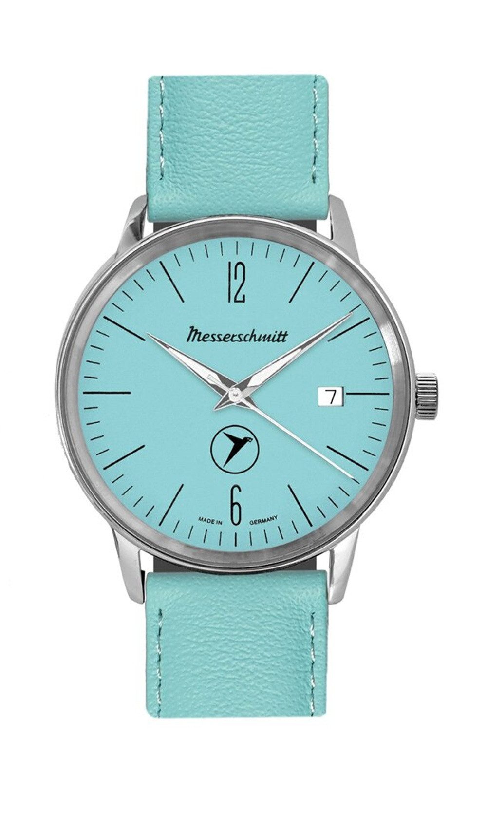 Messerschmitt Quarzuhr KR202-TL, Kabinenroller-Uhr - mit gepolstertem Lederband, aus hochwertigem poliertem Edelstahl - Türkis – Made in Germany