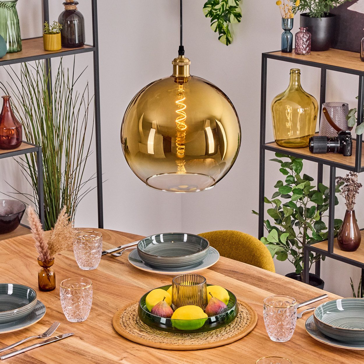 hofstein Hängeleuchte Hängelampe aus Metall/Glas in Goldfarben/Klar, Hängeleuchte im Retro/Vintage-Design (Schirm Ø 30 cm), 1 x E27
