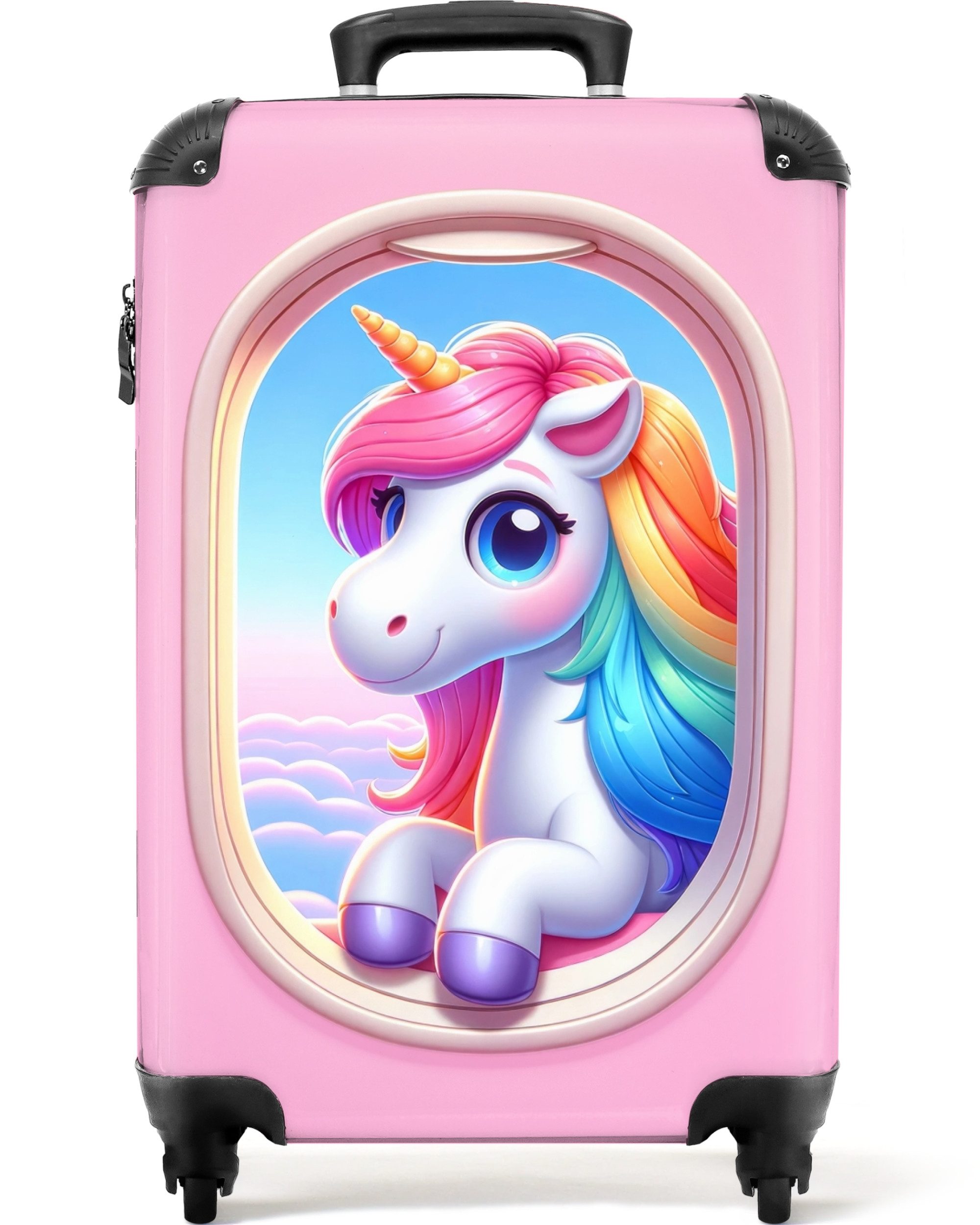 NoBoringSuitcases.com© Kinderkoffer Weißes Einhorn am rosafarbenen Fenster eines Flugzeugs 55x35x20cm, Handgepäck-Koffer, Kinderkoffer, Reisekoffer Mädchen