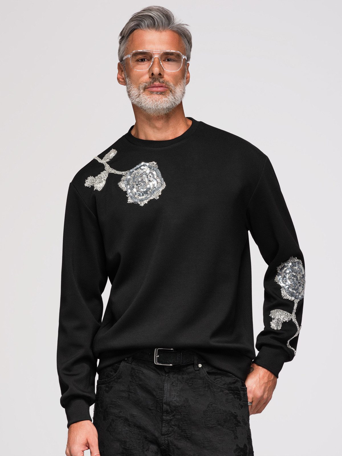 OMBRE Sweatshirt Herren Sweatshirt Regular Fit mit floralem Design Schwarz M (kein Set, 1-tlg)