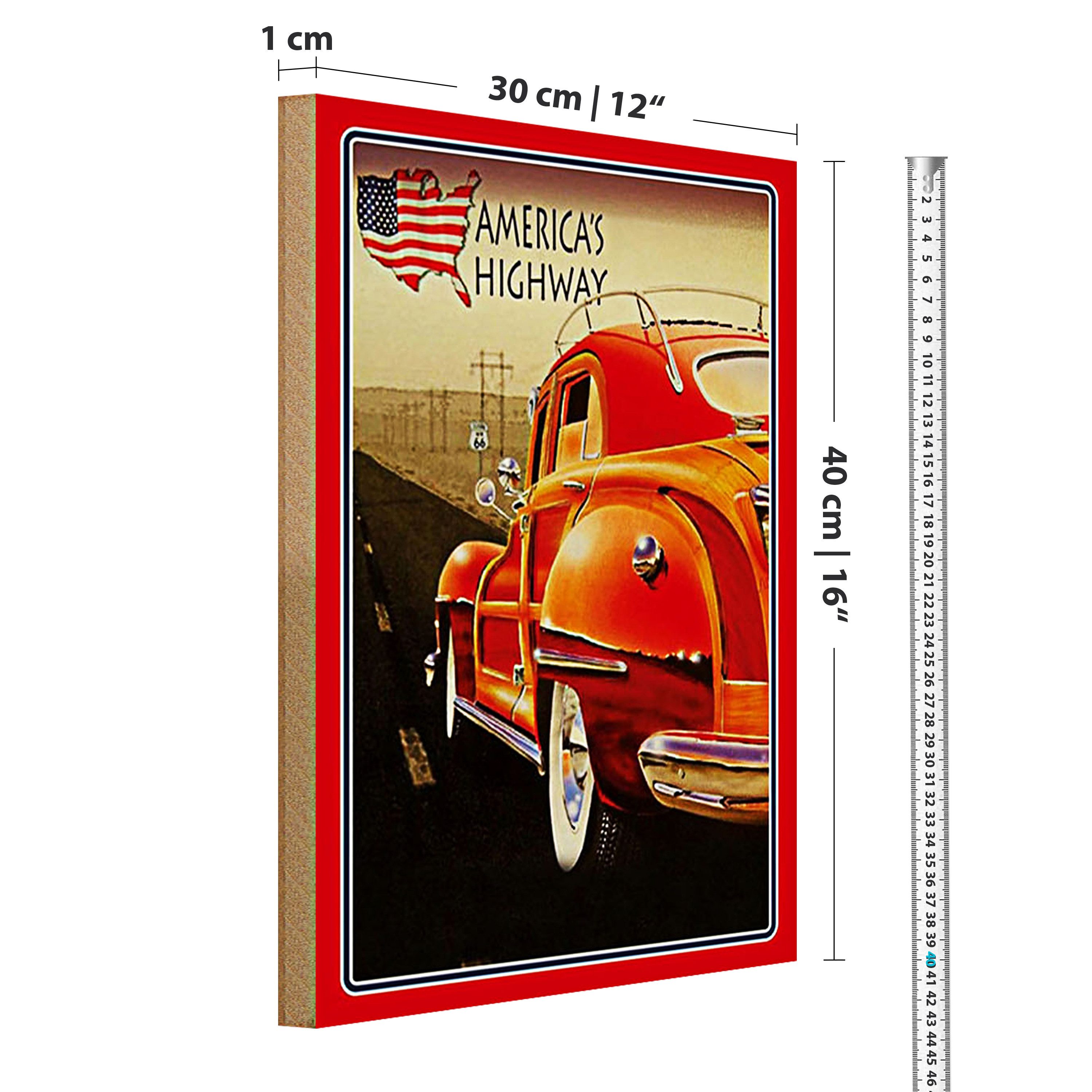 Roomando Holzbild Auto 30x40cm Oldtimer america´s highway USA