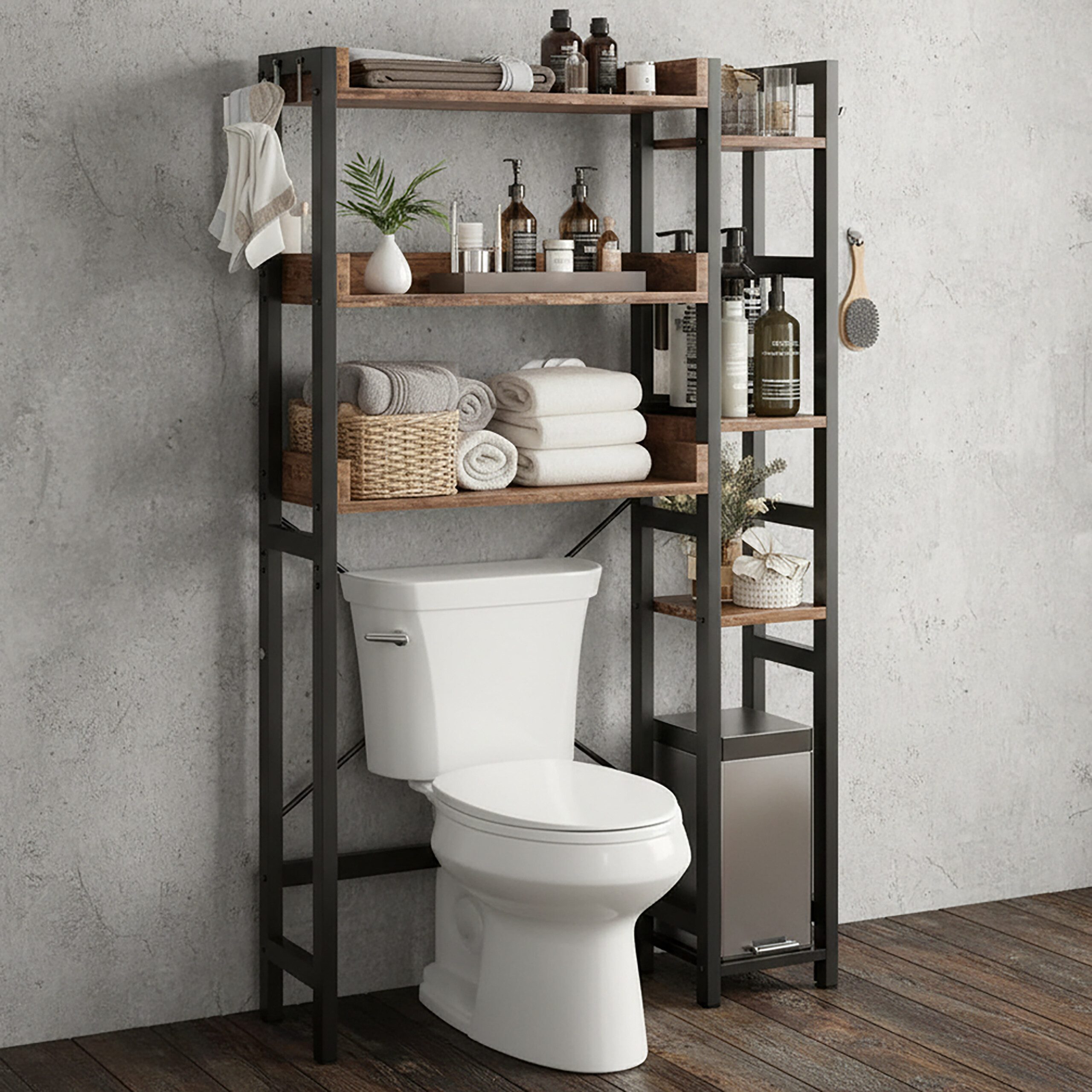 relaxdays Badregal Toilettenregal 3 Ebenen mit Seitenablage, Vintagebraun