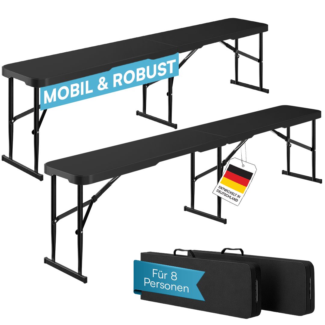 STEELSØN Bierzeltgarnitur Zennar klappbar & wetterfest, (schwarz, Bierbank 2er-Set), Klappbank 180x28 cm, Gartenbank für 4 Personen