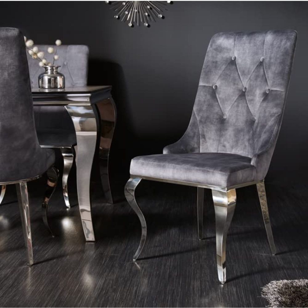 LebensWohnArt Stuhl Edler Stuhl LION Samt grau Löwenkopf Hochlehner