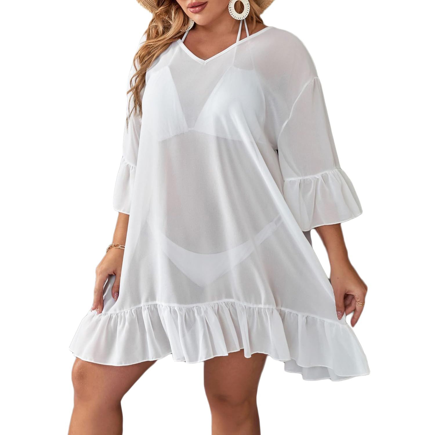 RWEUOQ Strandkleid Damen-Bikini-Kleid, Übergröße, lockere Rüschenbesatz günstig online kaufen
