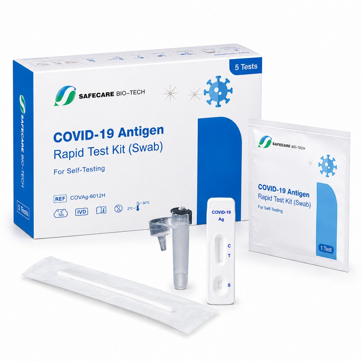 Safecare Bio-Tech Influenza-Schnelltest Corona Schnelltest Covid, MHD 2026, erkennt XEC und MC.13.2, 1 Messparameter, 5-tlg., Hohe Präzision, EU-konform, langlebig & zertifizierte Sicherheit