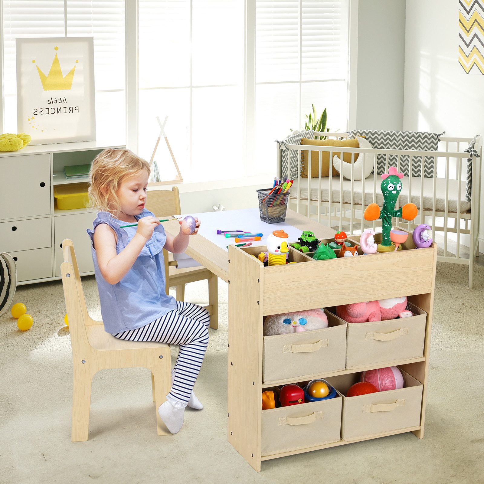 TLGREEN Kindertisch Kindermaltisch mit 2 Stühlen (Maltisch Schreibtisch mit Papierrolle und 4 Aufbewahrungskiste, Zeichentisch 100kg Belastbarkeit für Malen/Lernen), Maltisch Kindersitzgruppe mit Stauraum