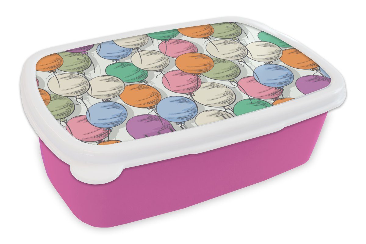 MuchoWow Lunchbox Luftballons - Muster - Party, Kunststoff, (2-tlg), Brotbox für Erwachsene, Brotdose Kinder, Snackbox, Mädchen, Kunststoff rosa