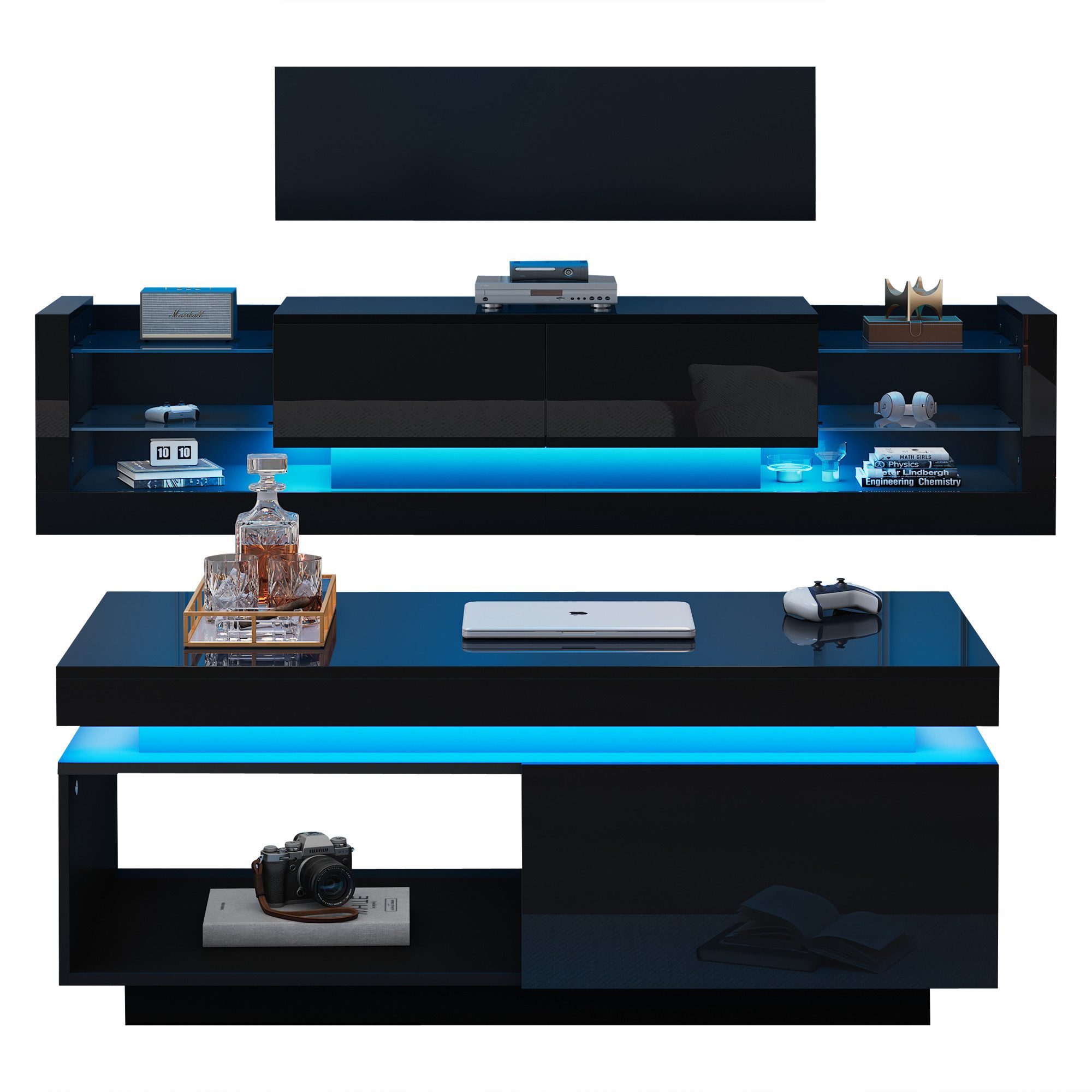 MODFU Wohnzimmer-Set Hochglanz TV-Schrank + Couchtisch, (Wohnzimmer-Wand-Set, 2-St., 100x50x40cm Couchtisch, 181*38*38cm TV-Schrank), mit LED-Beleuchtung