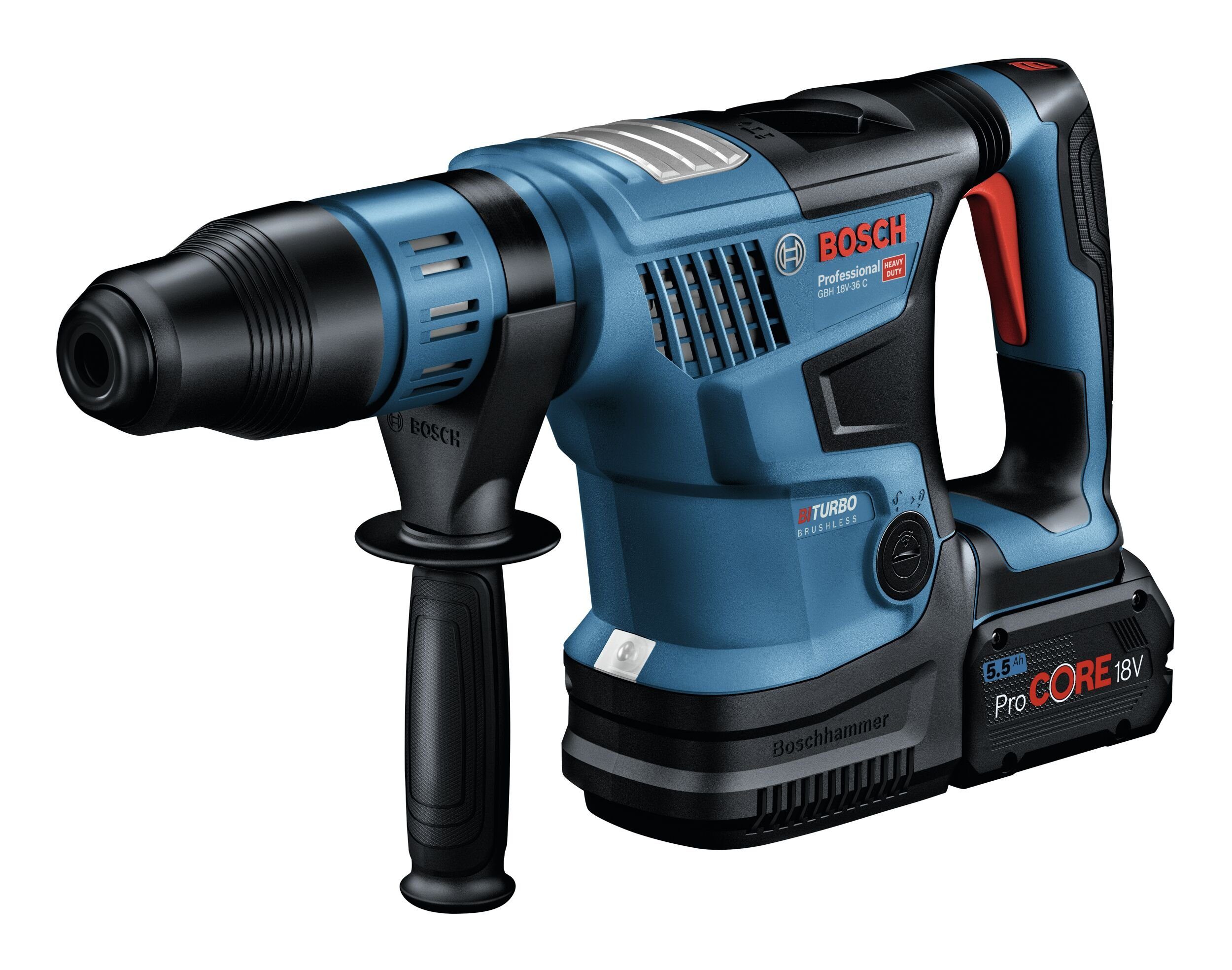 Bosch Professional Akku-Kombibohrhammer GBH 18V-36 C, 18 V, max. 500 U/min, Bohrhammer BITURBO m. SDS max m. 2x Akku ProCORE 5,5 Ah - im